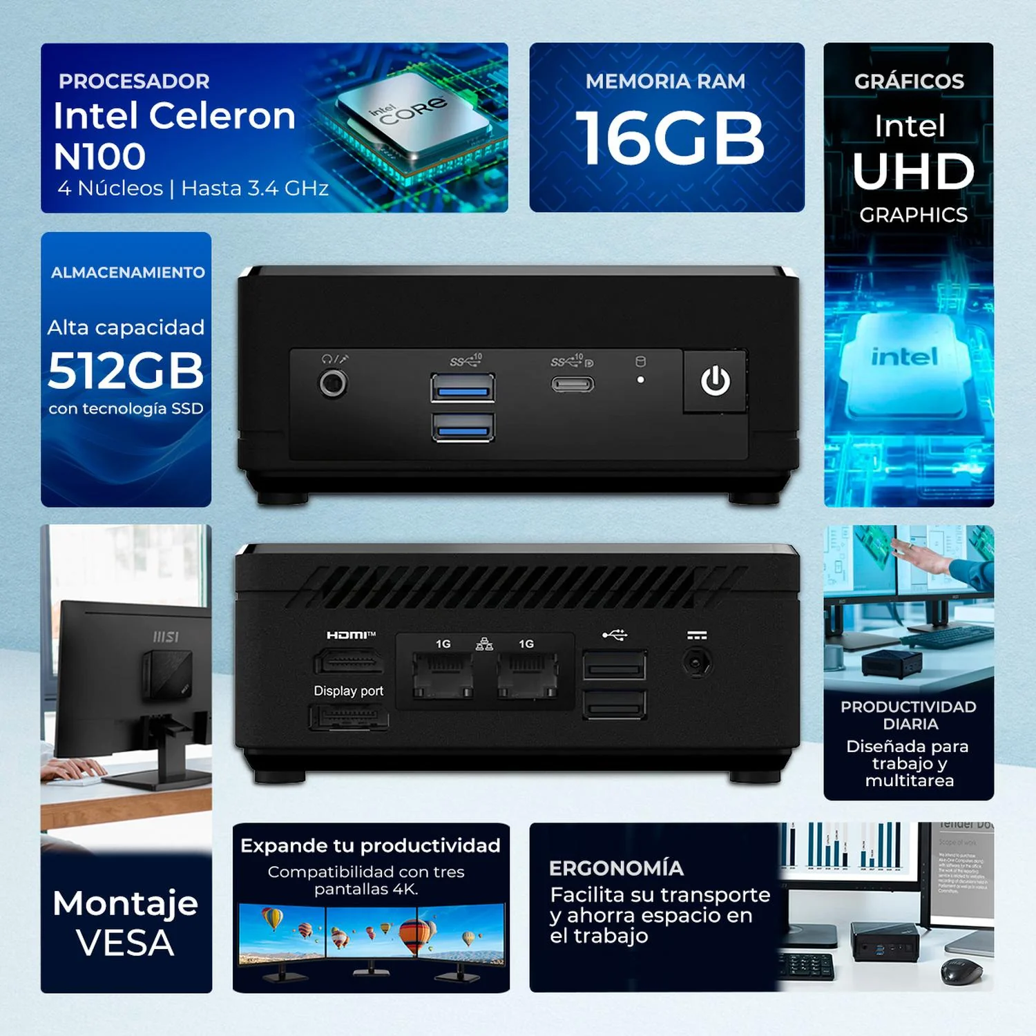 Computadora Mini PC MSI CUBI Intel Celeron N100 16GB 512GB SSD WiFi Bluetooth HDMI DP Ideal Para Oficina y Ahorro de Espacio - Image 2