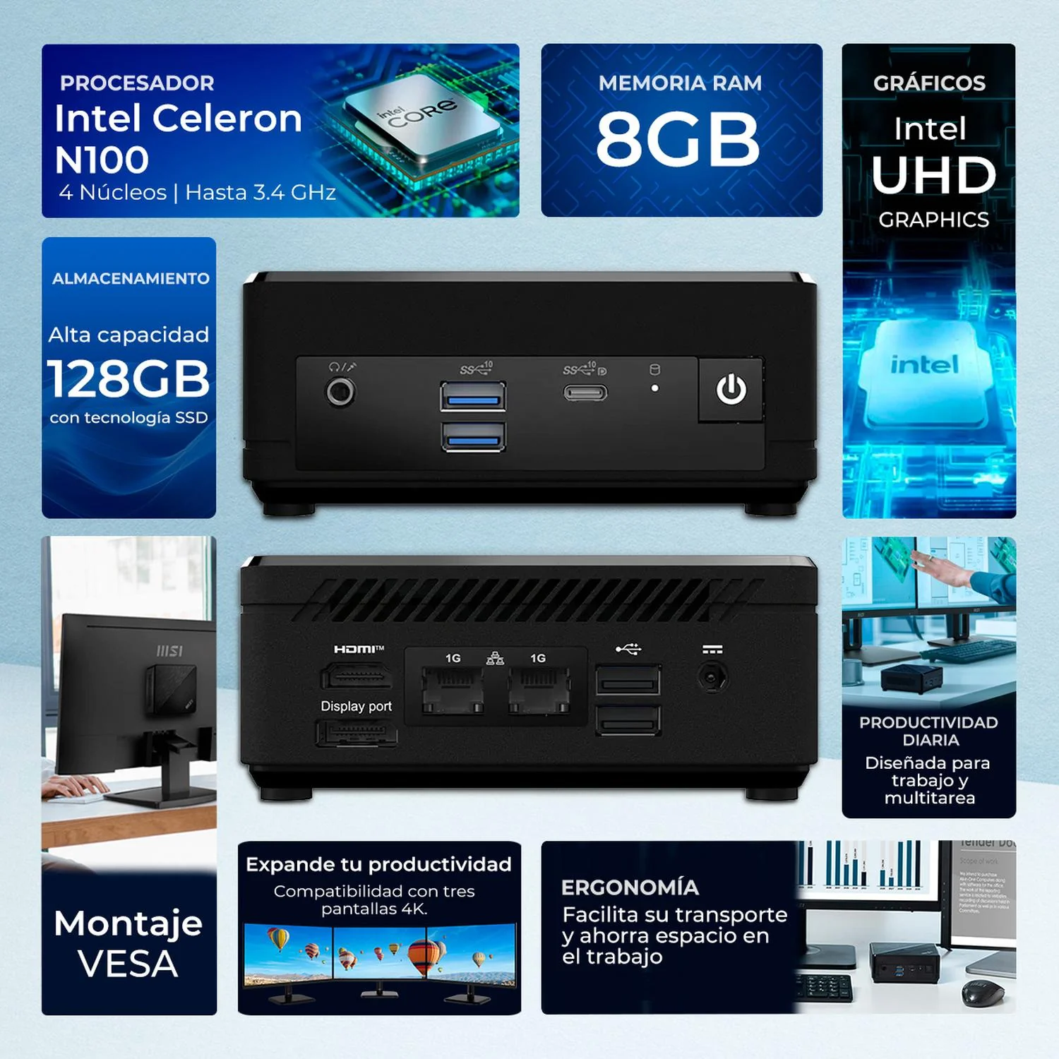 Computadora Mini PC MSI CUBI Intel Celeron N100 8GB 128GB SSD Wi-Fi Bluetooth HDMI DP Ideal Para Oficina y Ahorro de Espacio - Image 2