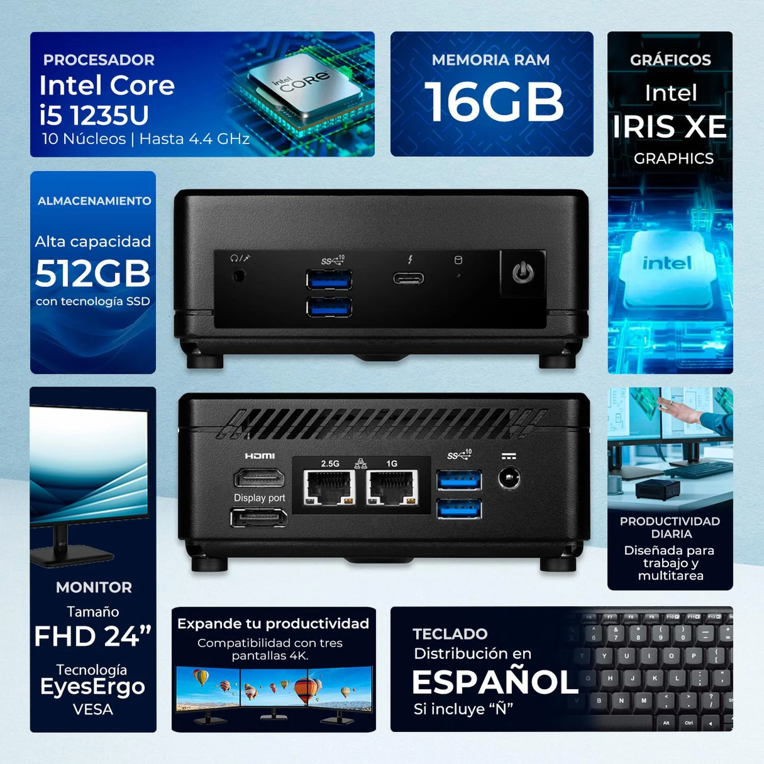 Computadora Mini PC MSI CUBI 5 12M Core I5 1235U 16GB 512GB SSD Monitor 24 Teclado Mouse DXT CUBI512 - Image 2
