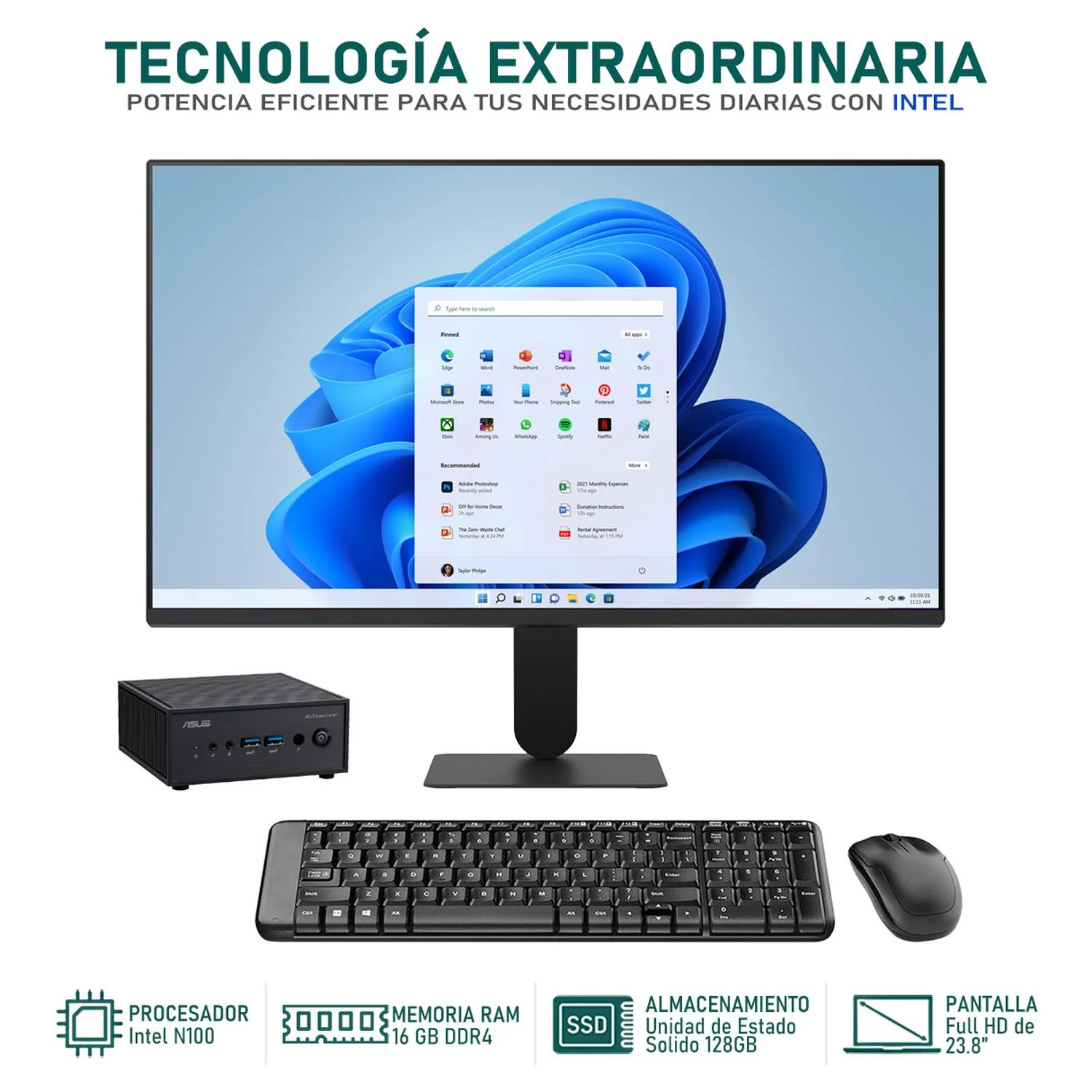 Computadora PC ASUS ExpertCenter PN42 Intel N100 16GB RAM 128GB SSD Monitor 23.8" Teclado Mouse Logitech - Image 2