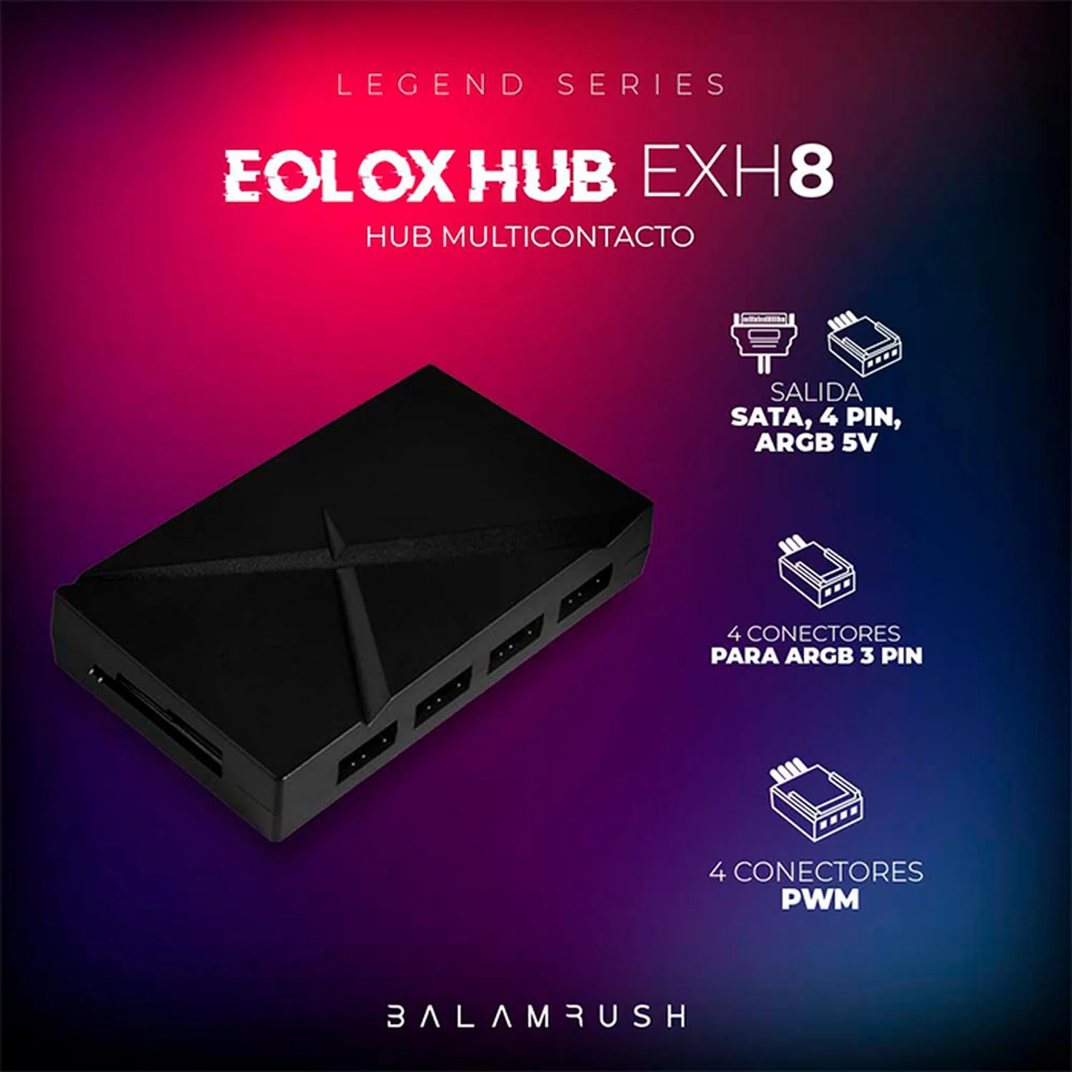 Controladora Hub para Ventiladores BALAM RUSH EOLOX EXH8 ARGB SATA 8 conectores 4x4 y 4x3 pines Negro Control Remoto BR-938105 - Image 4