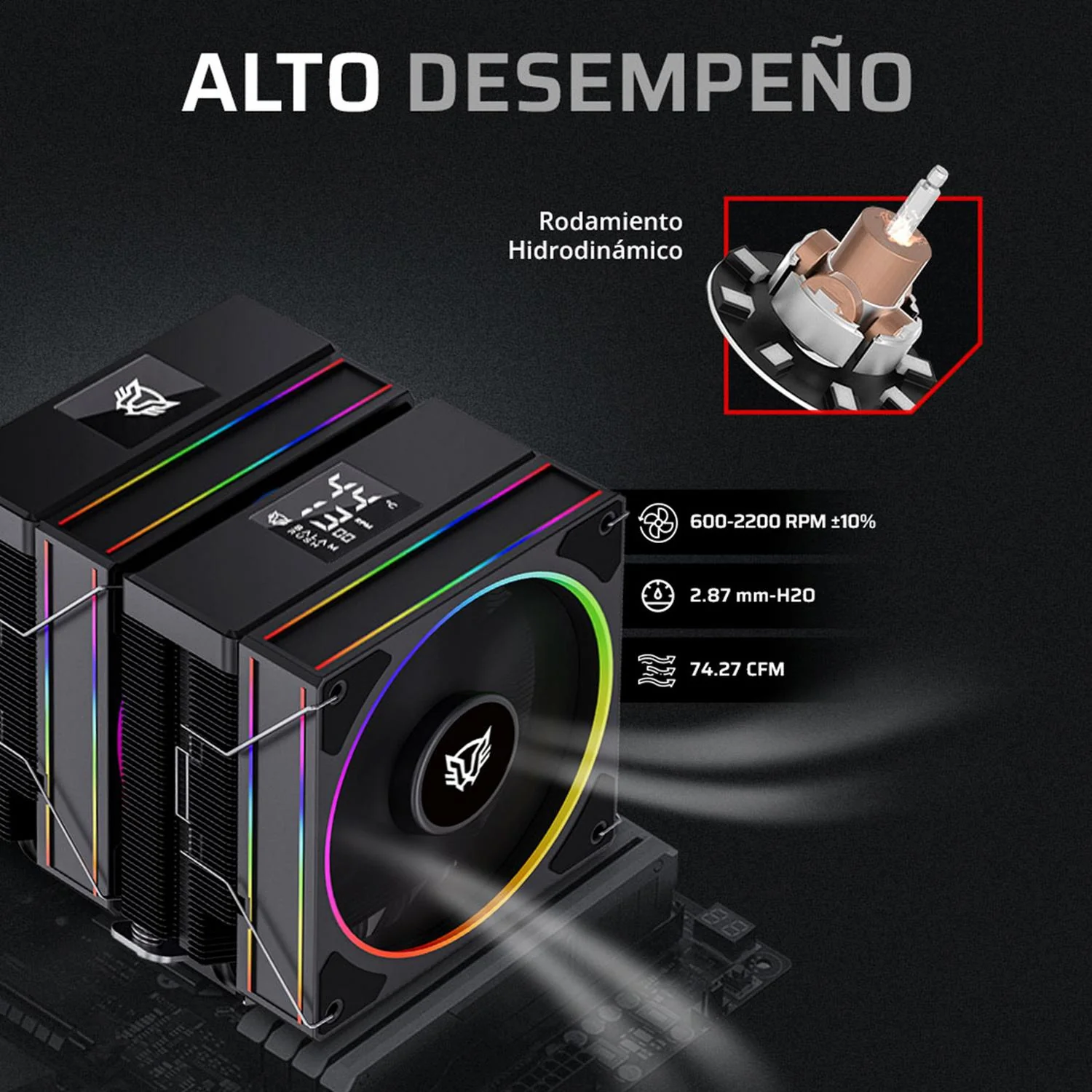 Disipador CPU Gamer BALAM RUSH HELIUX PRO HEX55 120mm ARGB 3pin LGA 1700 AM5 600 - 2000 RPM 4-pin PWM 4 Pipas Display Digital Negro BR-941983 - Image 4
