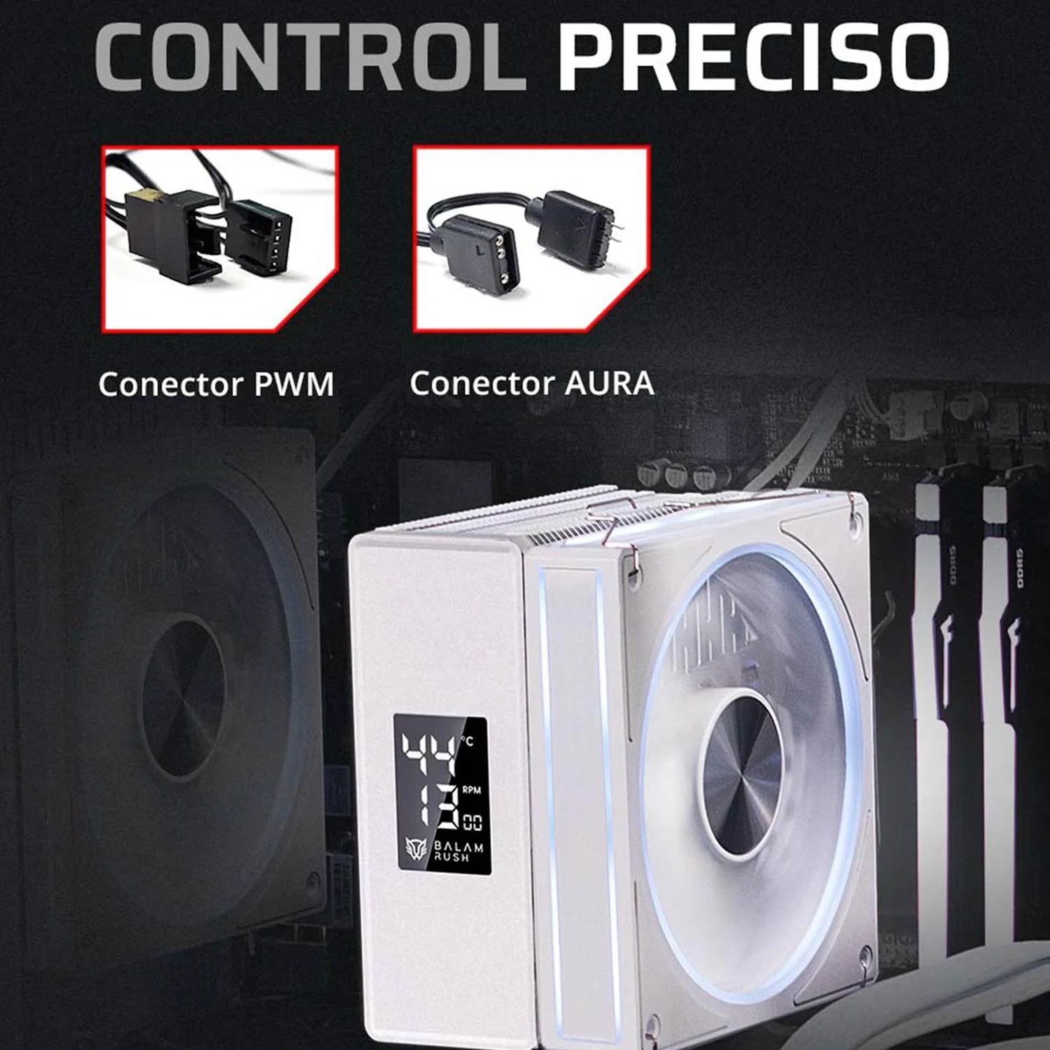 Disipador CPU Gamer BALAM RUSH HELIUX PRO HEX65 120mm ARGB 3pin LGA 1700 AM5 600 - 2000 RPM 4-pin PWM 6 Pipas Display Digital Blanco BR-941976 - Image 5