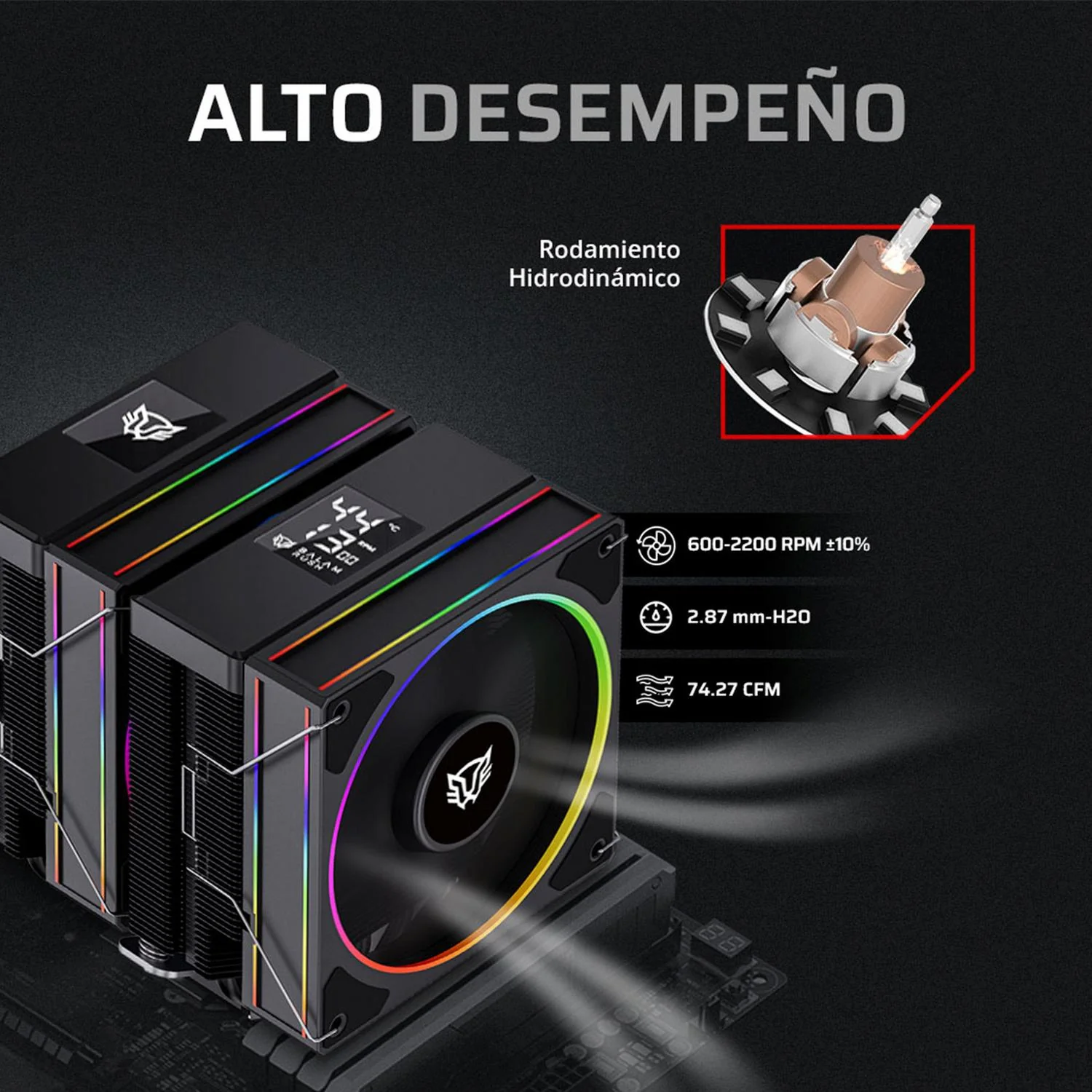 Disipador CPU Gamer BALAM RUSH HELIUX PRO HEX65 120mm ARGB 3pin LGA 1700 AM5 600 - 2000 RPM 4-pin PWM 6 Pipas Display Digital Negro BR-941969 - Image 4
