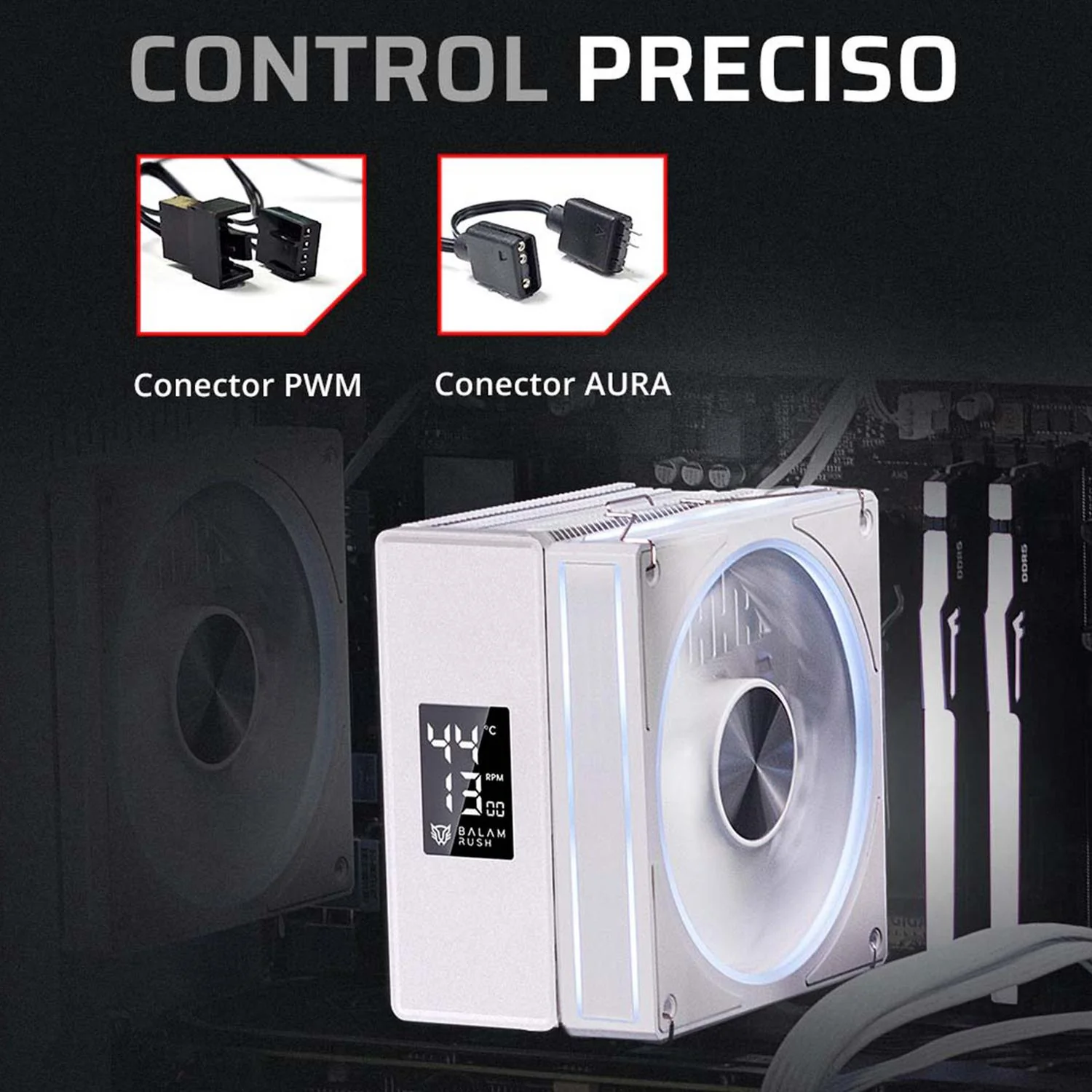 Disipador Doble CPU Gamer BALAM RUSH HELIUX PRO HEX75 120mm ARGB 3pin LGA 1700 AM5 600 - 2000 RPM 4-pin PWM 6 Pipas Display Digital Blanco BR-941952 - Image 4