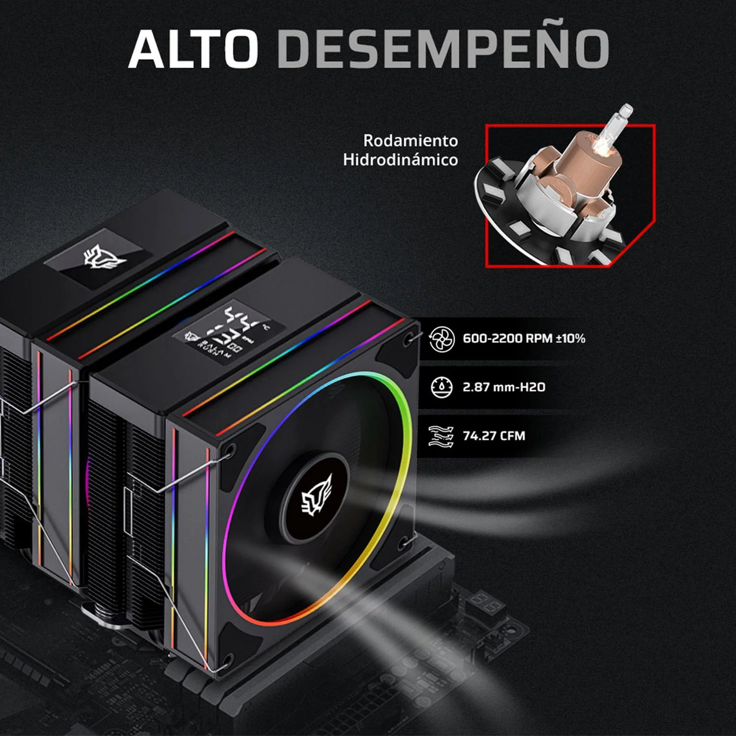 Disipador Doble CPU Gamer BALAM RUSH HELIUX PRO HEX75 120mm ARGB 3pin LGA 1700 AM5 600 - 2000 RPM 4-pin PWM 6 Pipas Display Digital Negro BR-941945 - Image 4