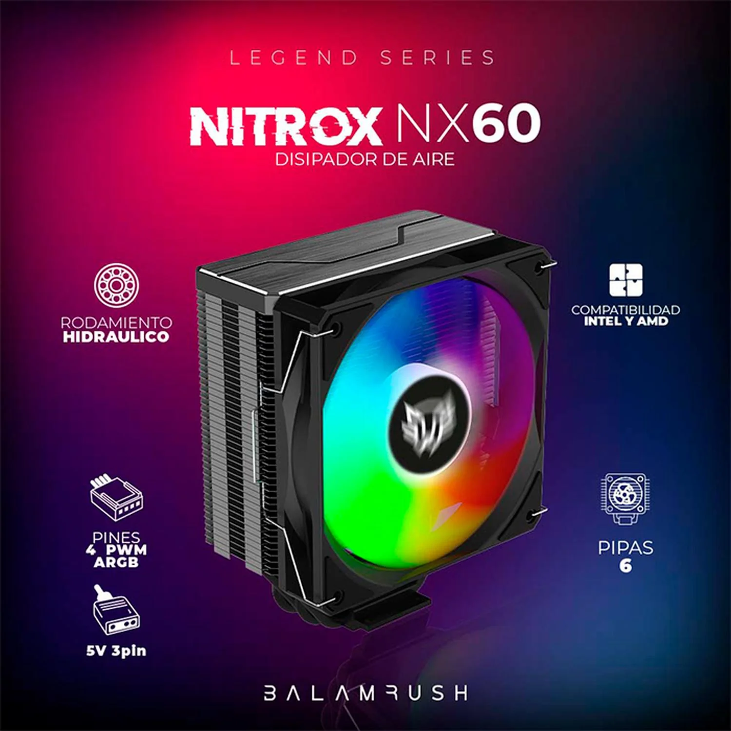 Disipador CPU Gamer BALAM RUSH NITROX NX60 120mm ARGB LGA 1700 AM5 600-1800 rpm 4-pin Negro BR-937399 - Image 3