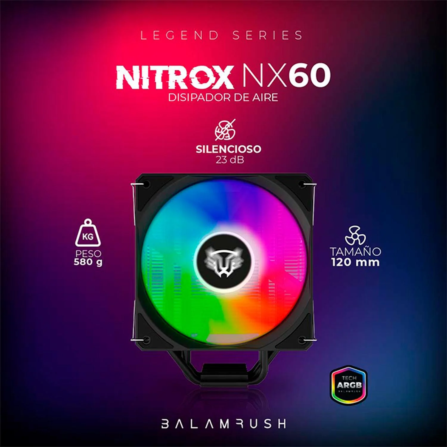 Disipador CPU Gamer BALAM RUSH NITROX NX60 120mm ARGB LGA 1700 AM5 600-1800 rpm 4-pin Negro BR-937399 - Image 4