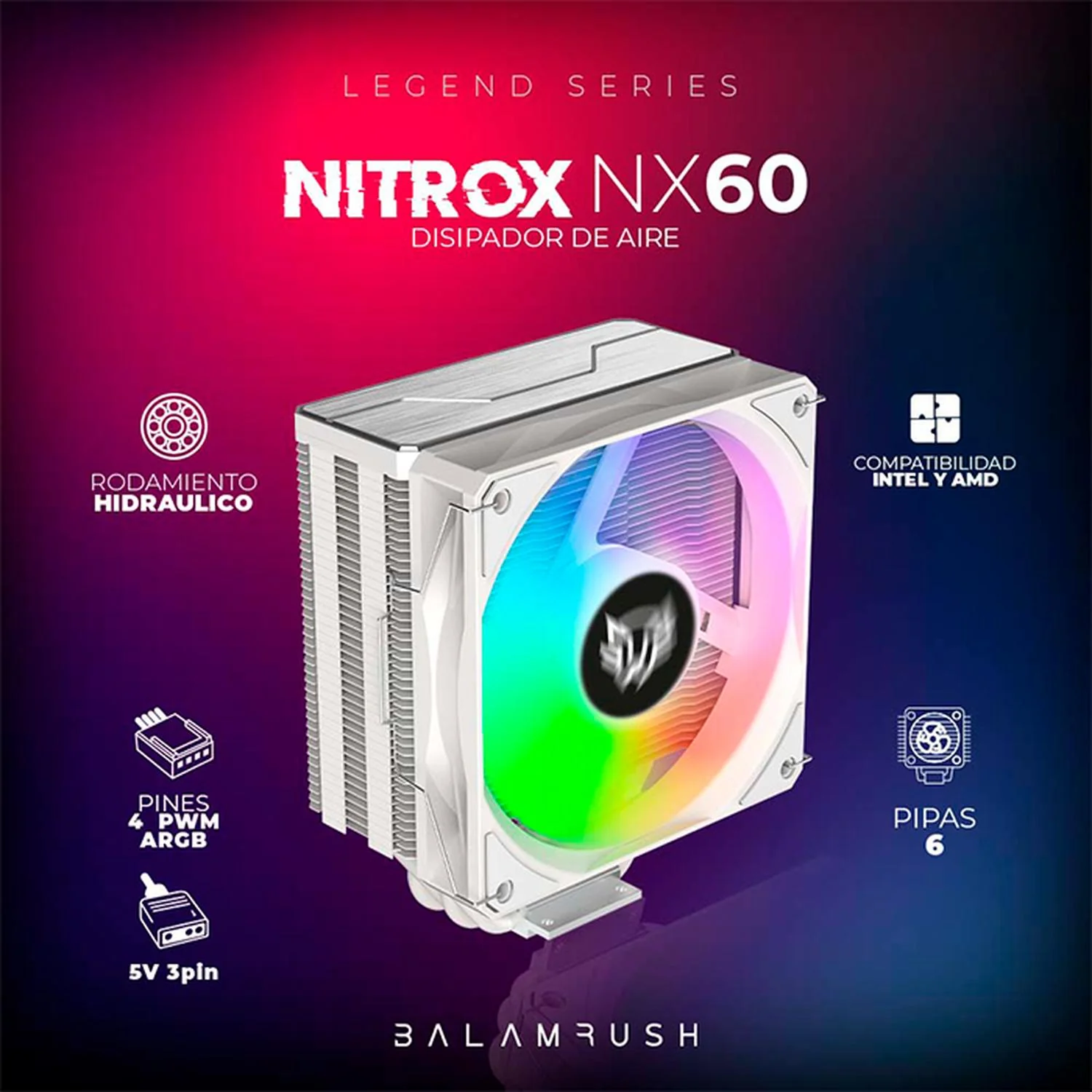 Disipador CPU Gamer BALAM RUSH NITROX NX60 120mm ARGB LGA 1700 AM5 600-1800 rpm 4-pin Blanco BR-937924 - Image 3