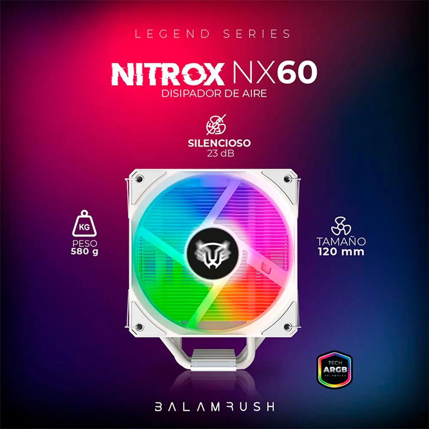 Disipador CPU Gamer BALAM RUSH NITROX NX60 120mm ARGB LGA 1700 AM5 600-1800 rpm 4-pin Blanco BR-937924 - Image 4
