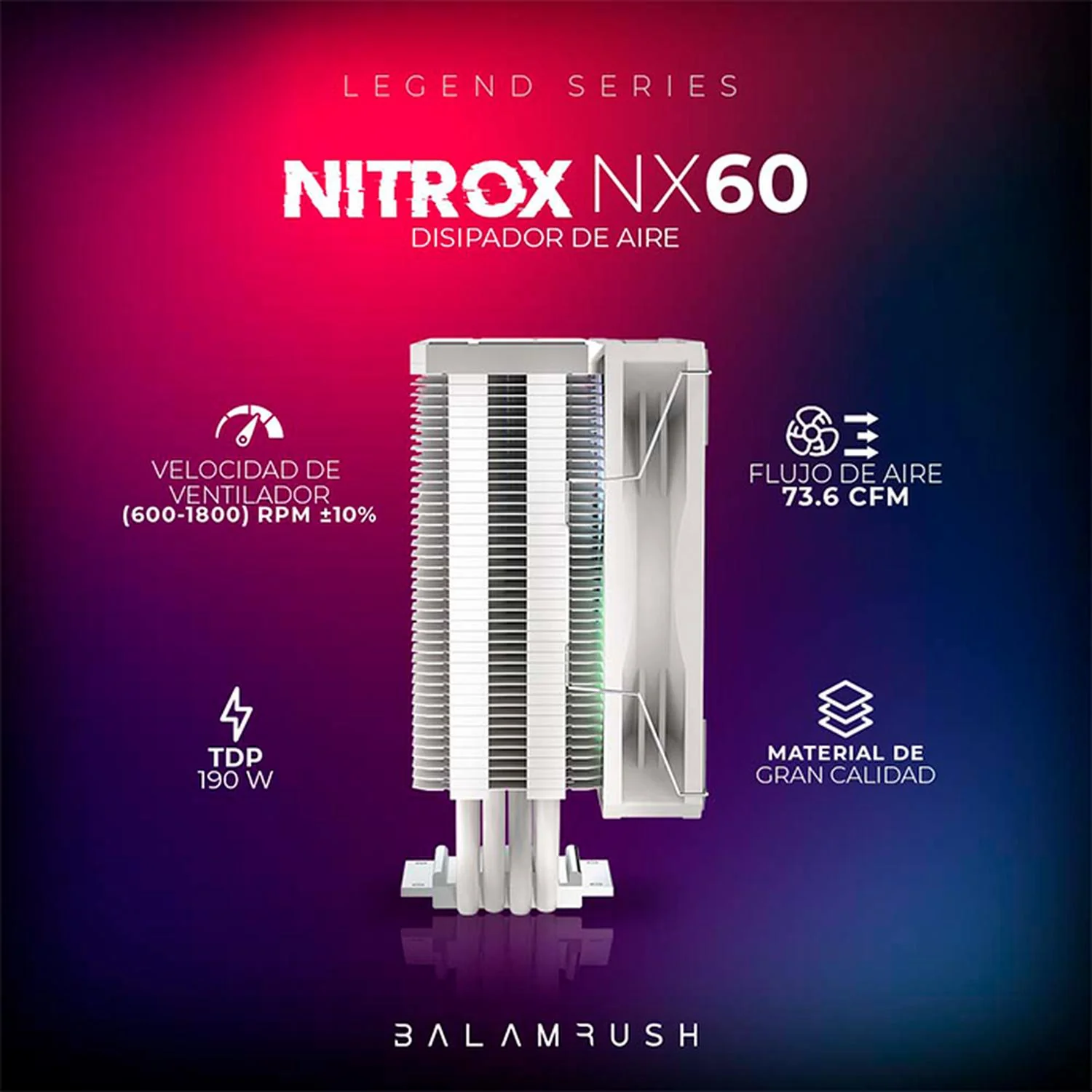 Disipador CPU Gamer BALAM RUSH NITROX NX60 120mm ARGB LGA 1700 AM5 600-1800 rpm 4-pin Blanco BR-937924 - Image 5