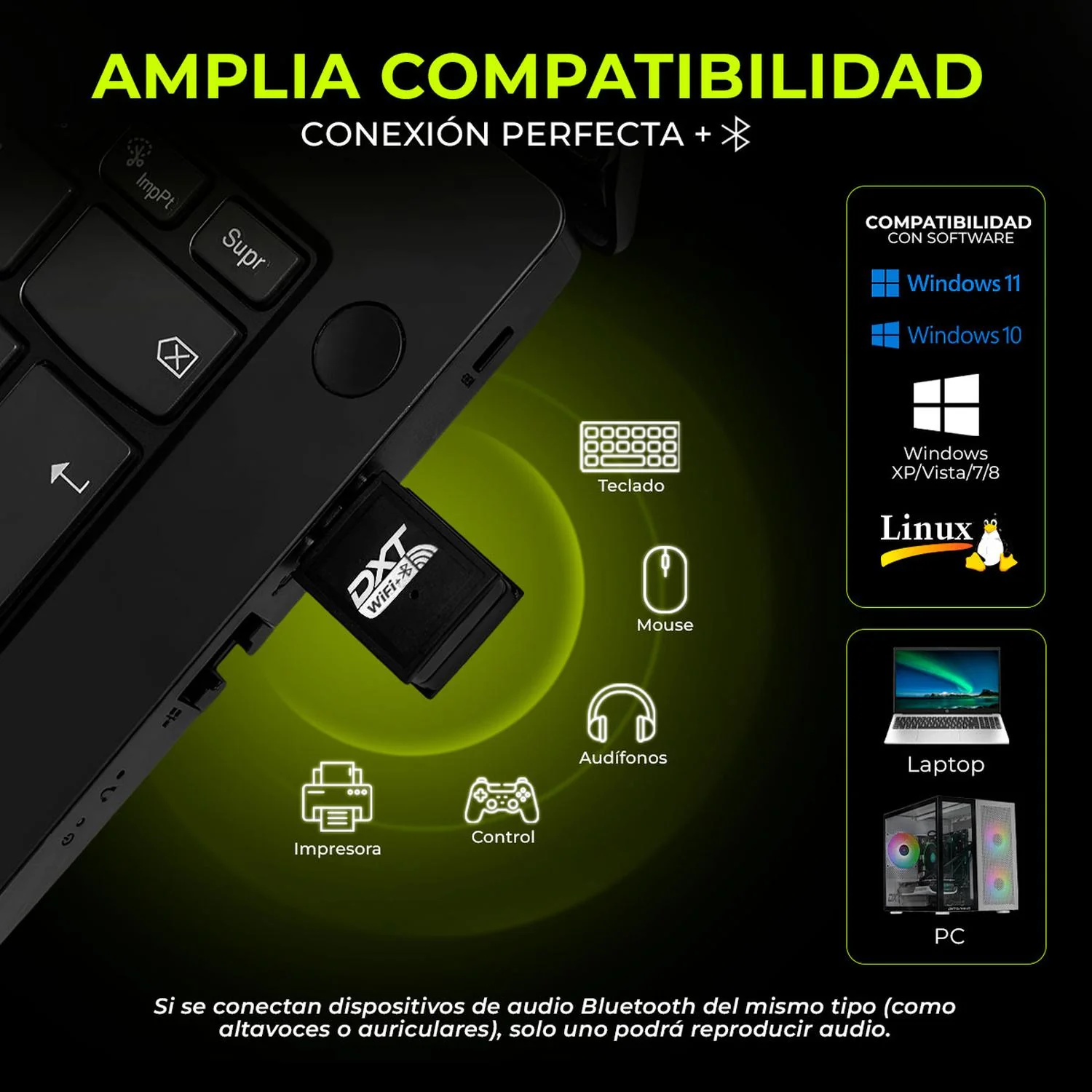DXT Adaptador 2 en 1 WiFi Bluetooth 4.2 USB Mini 600Mbps 2.4G/5G Doble Banda Inalambrico Windows NDXTAD6BK - Image 3