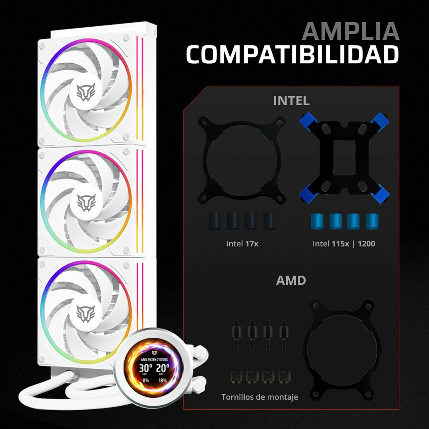 Enfriamiento Liquido BALAM RUSH HYDROX EXPERT LEVEL HYX40 360mm ARGB 4 Pines 2200 RPM TDP 3000w LGA1700 AM5 Display OLED Blanco BR-941815 - Image 3