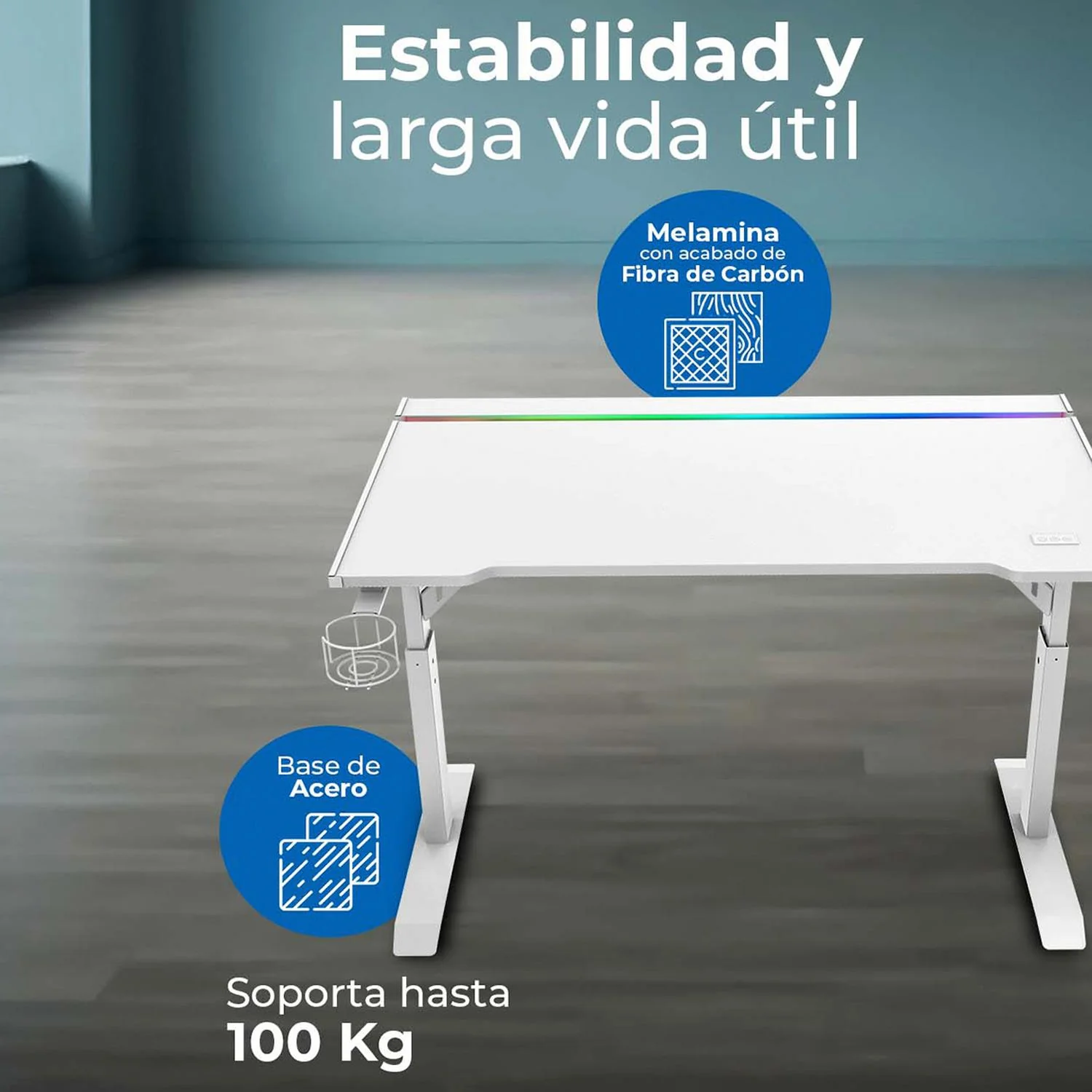 Escritorio ACTECK ERGO DESK PRO ED757 Ergonimico Hasta 100kg 3 Ajustes de altura Iluminación RGB + Porta Vaso Blanco AC-941440 - Image 3