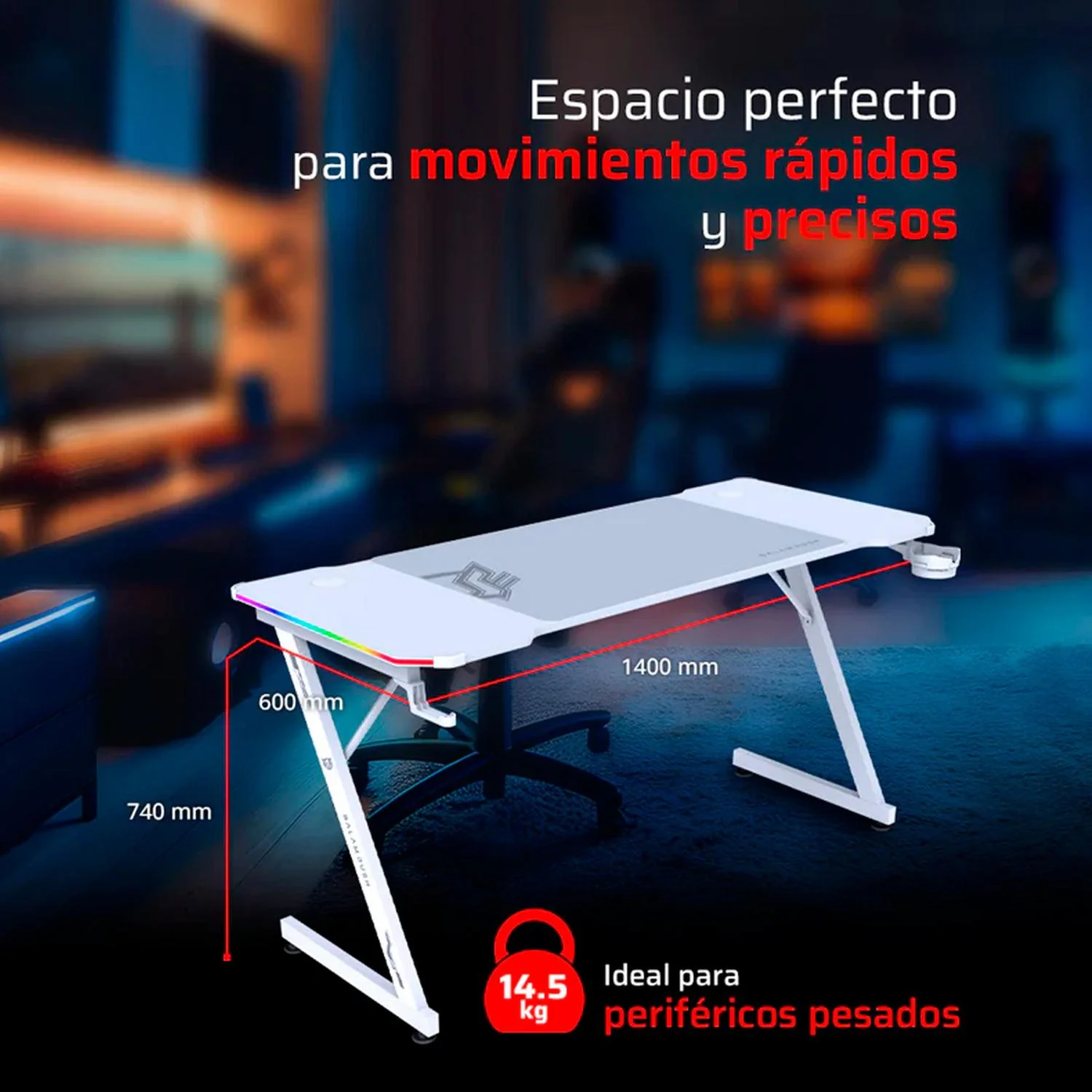 Escritorio Gamer BALAM RUSH OLYMPUS SPOT GLOW MRX6000 Ergonomico Estructura Z Hasta 100kg RGB Tapete XXL + Porta Vaso + Porta Diadema Blanco BR-941402 - Image 4