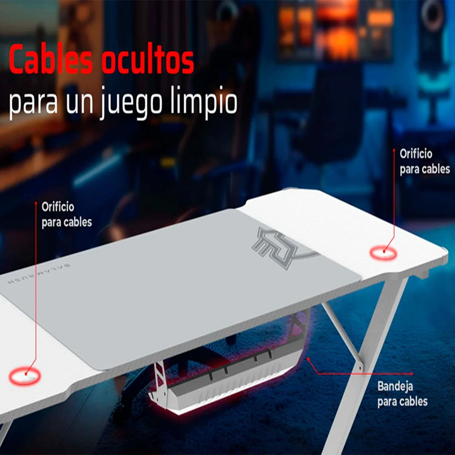Escritorio Gamer BALAM RUSH OLYMPUS SPOT GLOW MRX6000 Ergonomico Estructura Z Hasta 100kg RGB Tapete XXL + Porta Vaso + Porta Diadema Blanco BR-941402 - Image 5