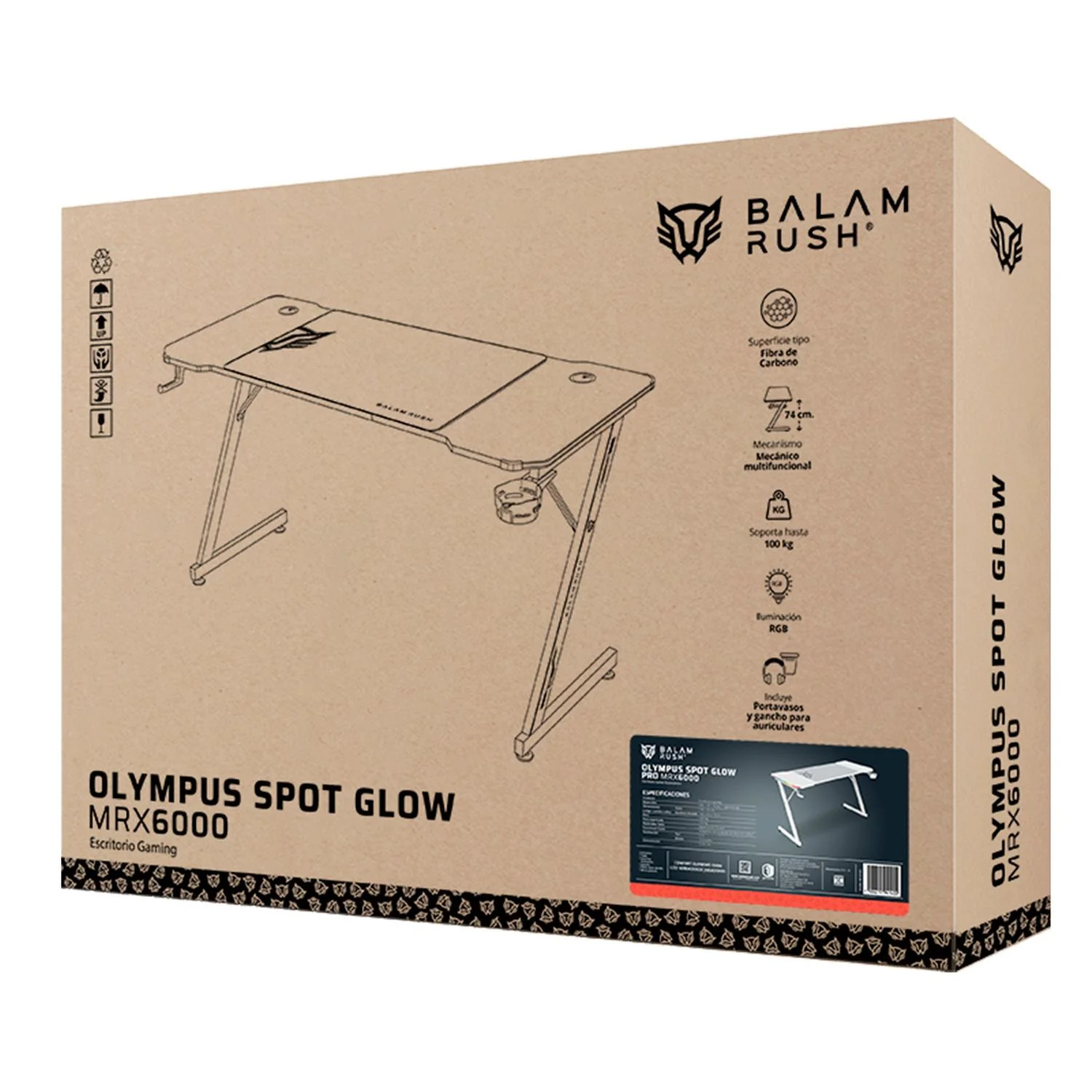 Escritorio Gamer BALAM RUSH OLYMPUS SPOT GLOW MRX6000 Ergonomico Estructura Z Hasta 100kg RGB Tapete XXL + Porta Vaso + Porta Diadema Blanco BR-941402 - Image 6