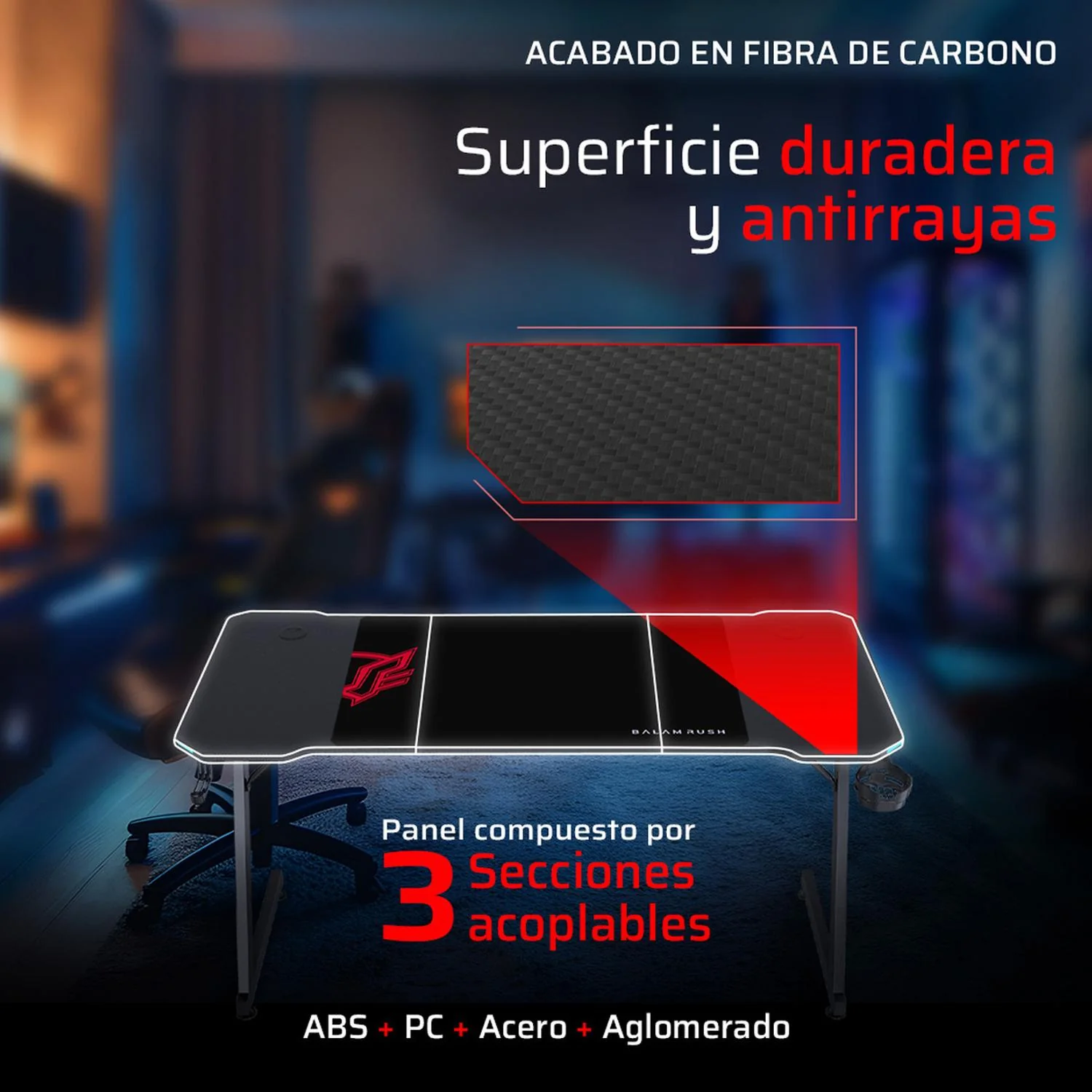 Escritorio Gamer BALAM RUSH OLYMPUS SPOT GLOW MRX6000 Ergonomico Hasta 100kg RGB Negro BR-941396 - Image 3