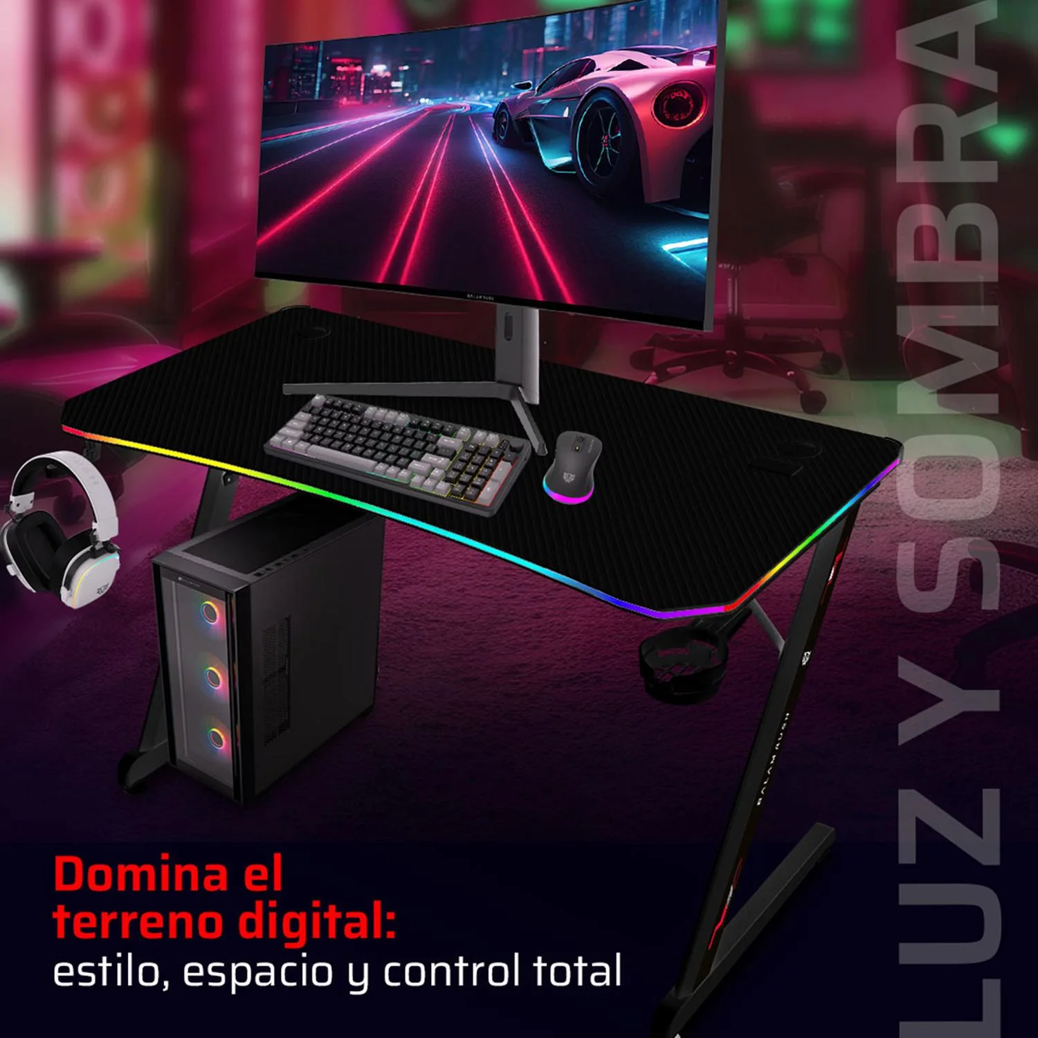 Escritorio Gamer BALAM RUSH OLYMPUS SPOT GLOW PRO MRX8000 Ergonomico Estructura Z Hasta 100kg RGB Porta Vaso + Porta Diadema Negro BR-941372 - Image 3