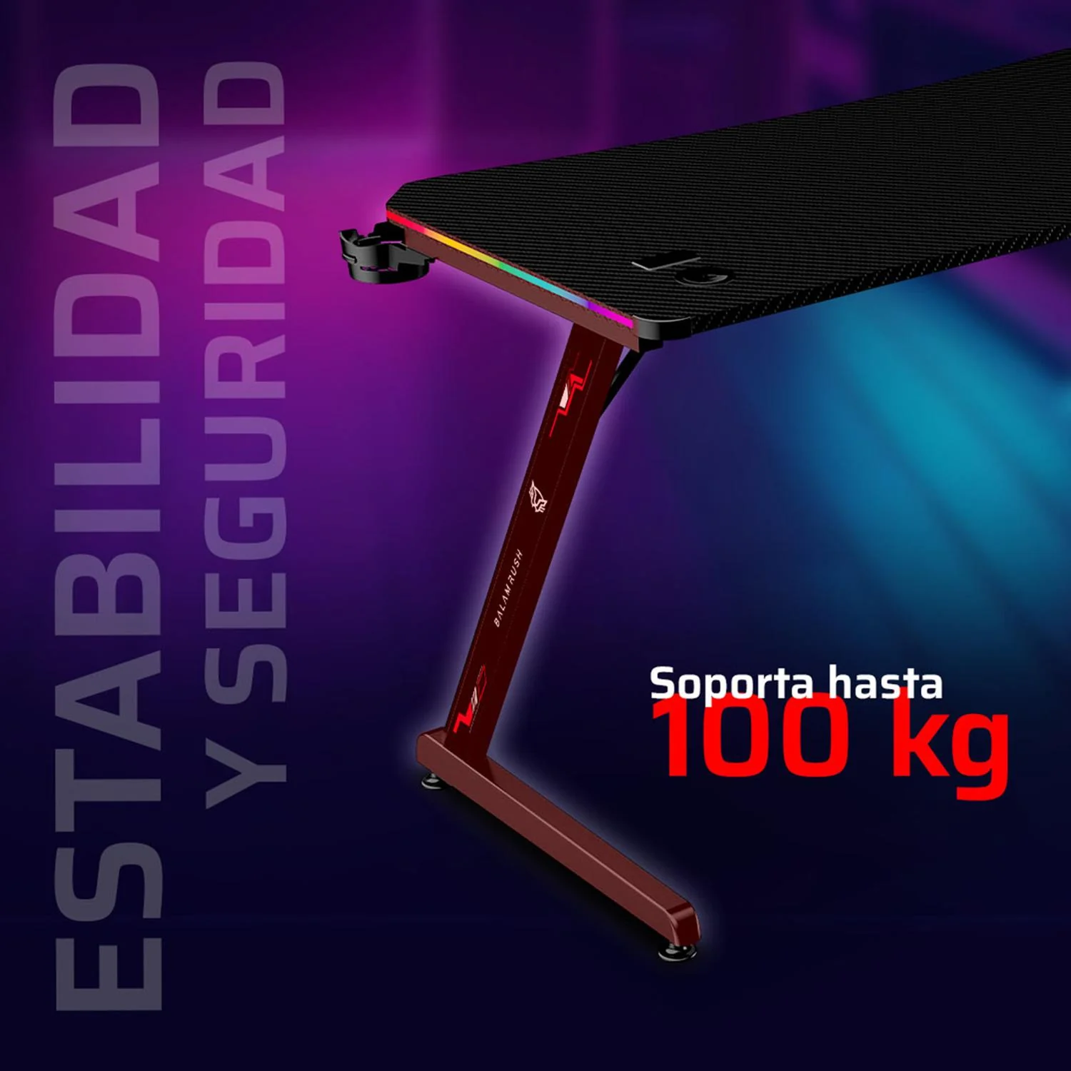Escritorio Gamer BALAM RUSH OLYMPUS SPOT GLOW PRO MRX8000 Ergonomico Estructura Z Hasta 100kg RGB Porta Vaso + Porta Diadema Negro BR-941372 - Image 4