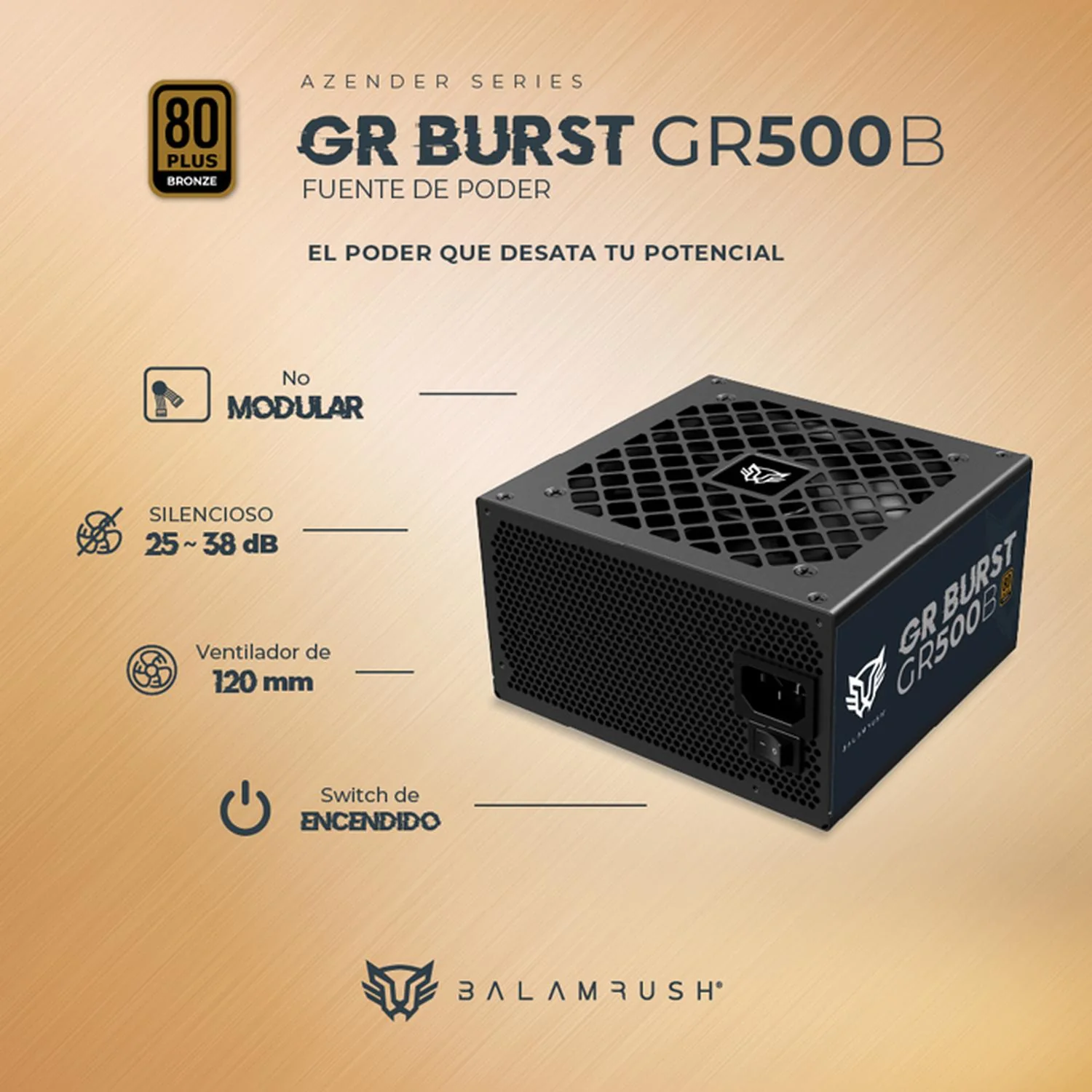 Fuente de Poder PC 500W Gamer BALAM RUSH GR BURST GR500B 80 Plus Bronze No Modular Negro BR-937702 - Image 2