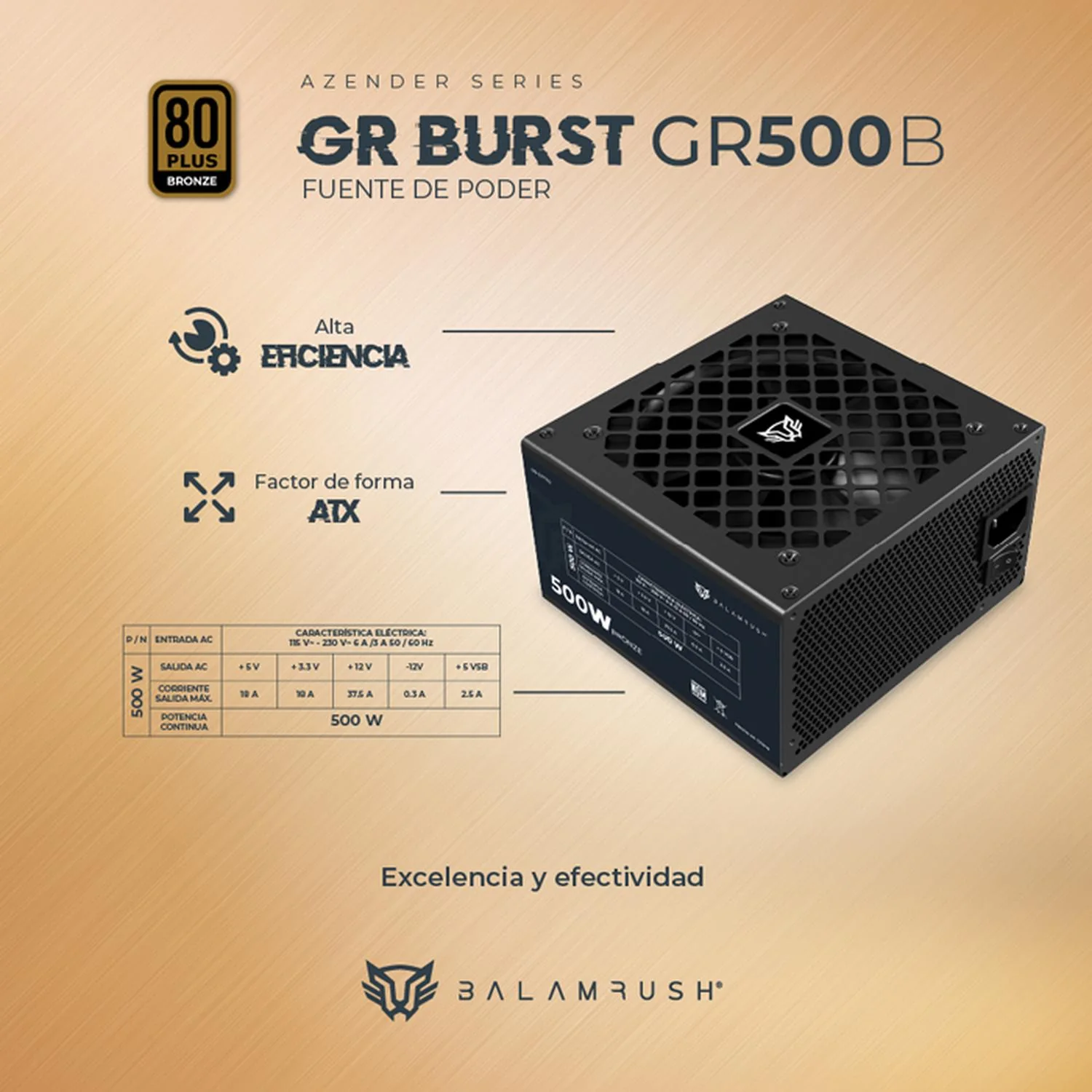 Fuente de Poder PC 500W Gamer BALAM RUSH GR BURST GR500B 80 Plus Bronze No Modular Negro BR-937702 - Image 4