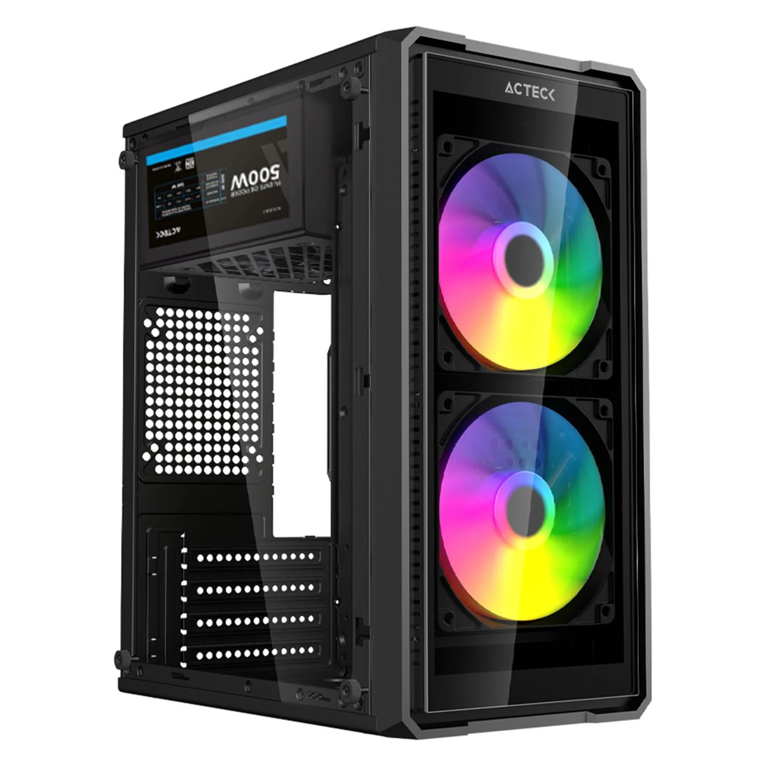 Gabinete ACTECK DOOM ULTRA CRYSTAL GI750C Micro ATX Mini Torre 2 Fan FRGB Fuente 500w Cristal templado Frente Cristal Negro AC-943789