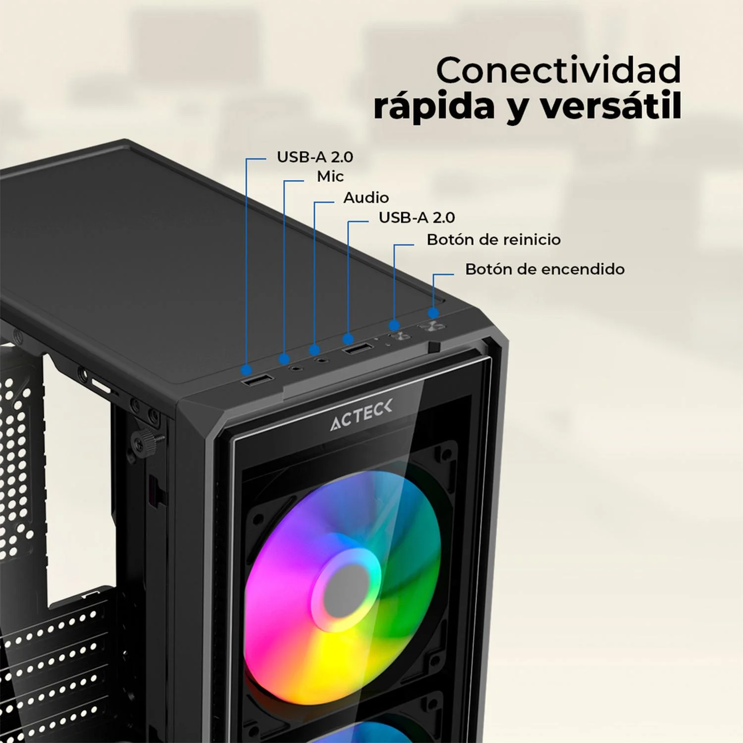 Gabinete ACTECK DOOM ULTRA CRYSTAL GI750C Micro ATX Mini Torre 2 Fan FRGB Fuente 500w Cristal templado Frente Cristal Negro AC-943789 - Image 4