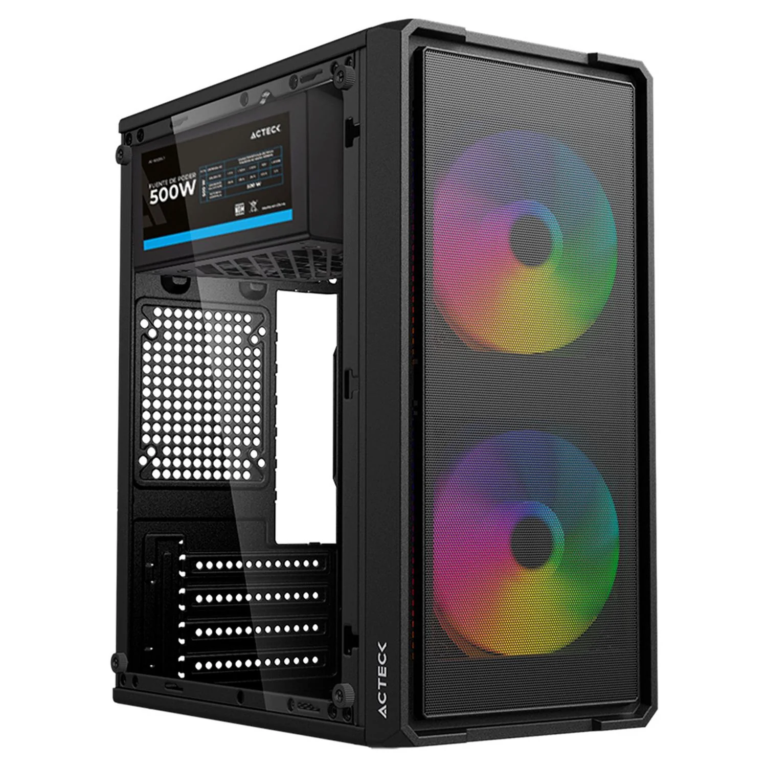 Gabinete ACTECK DOOM ULTRA MESH GI75OM Micro ATX Mini Torre 2 Fan FRGB Fuente 500w Cristal templado Frente Mesh Negro AC-943772