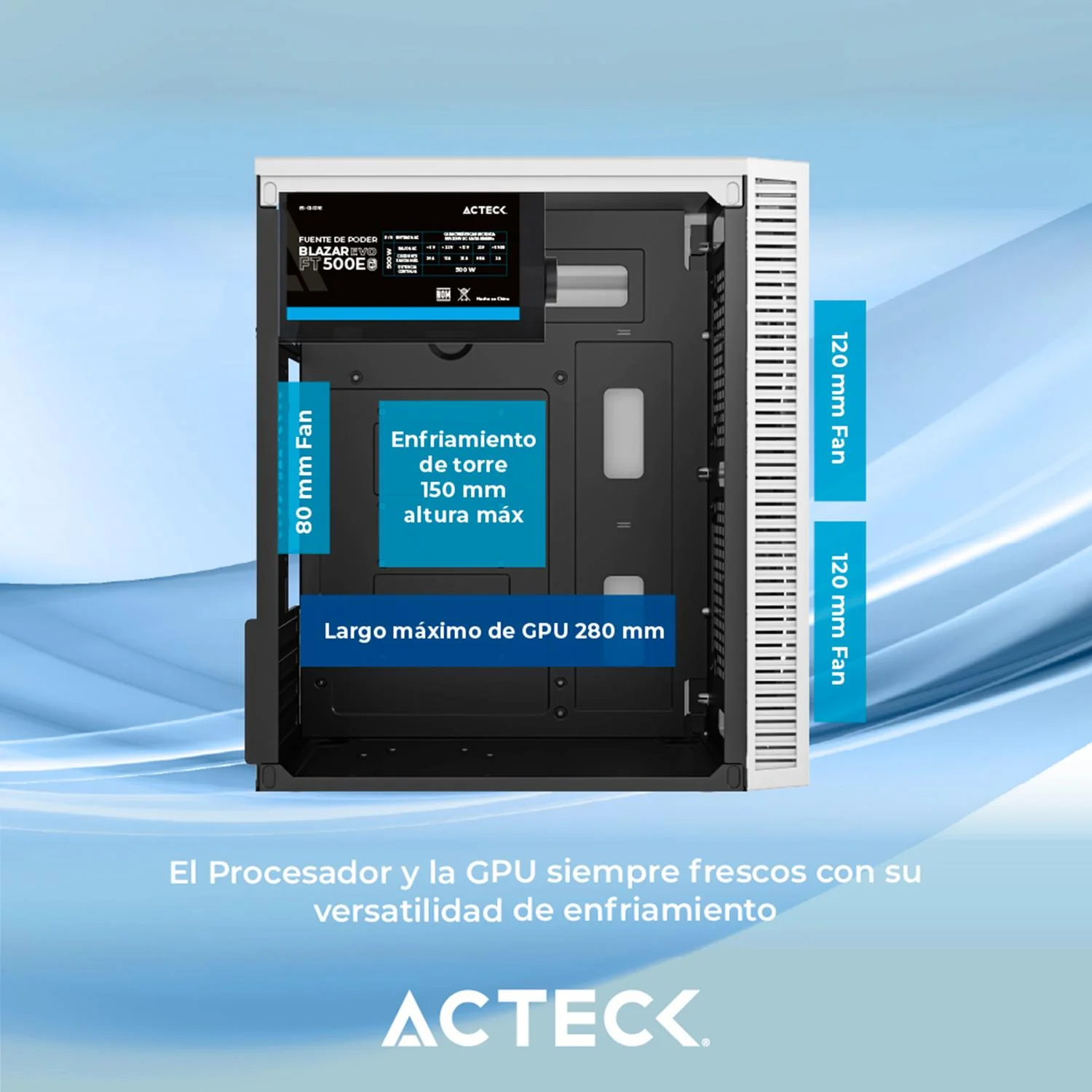 Gabinete ACTECK FUJI GC470 Micro ATX Mini Torre Fuente 500W 2 Fan FRGB Acrilico Blanco AC-939515 - Image 3
