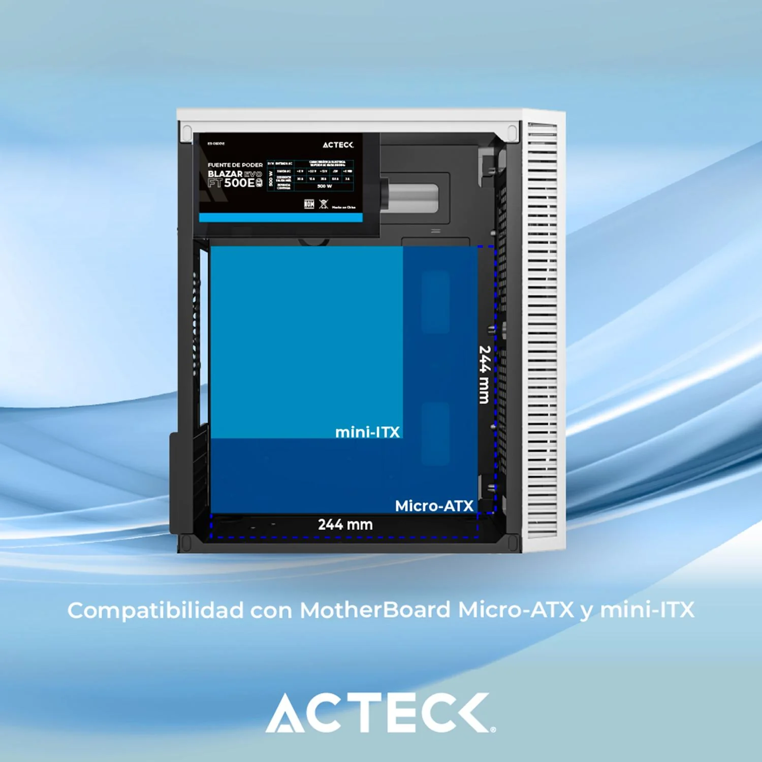 Gabinete ACTECK FUJI GC470 Micro ATX Mini Torre Fuente 500W 2 Fan FRGB Acrilico Blanco AC-939515 - Image 4
