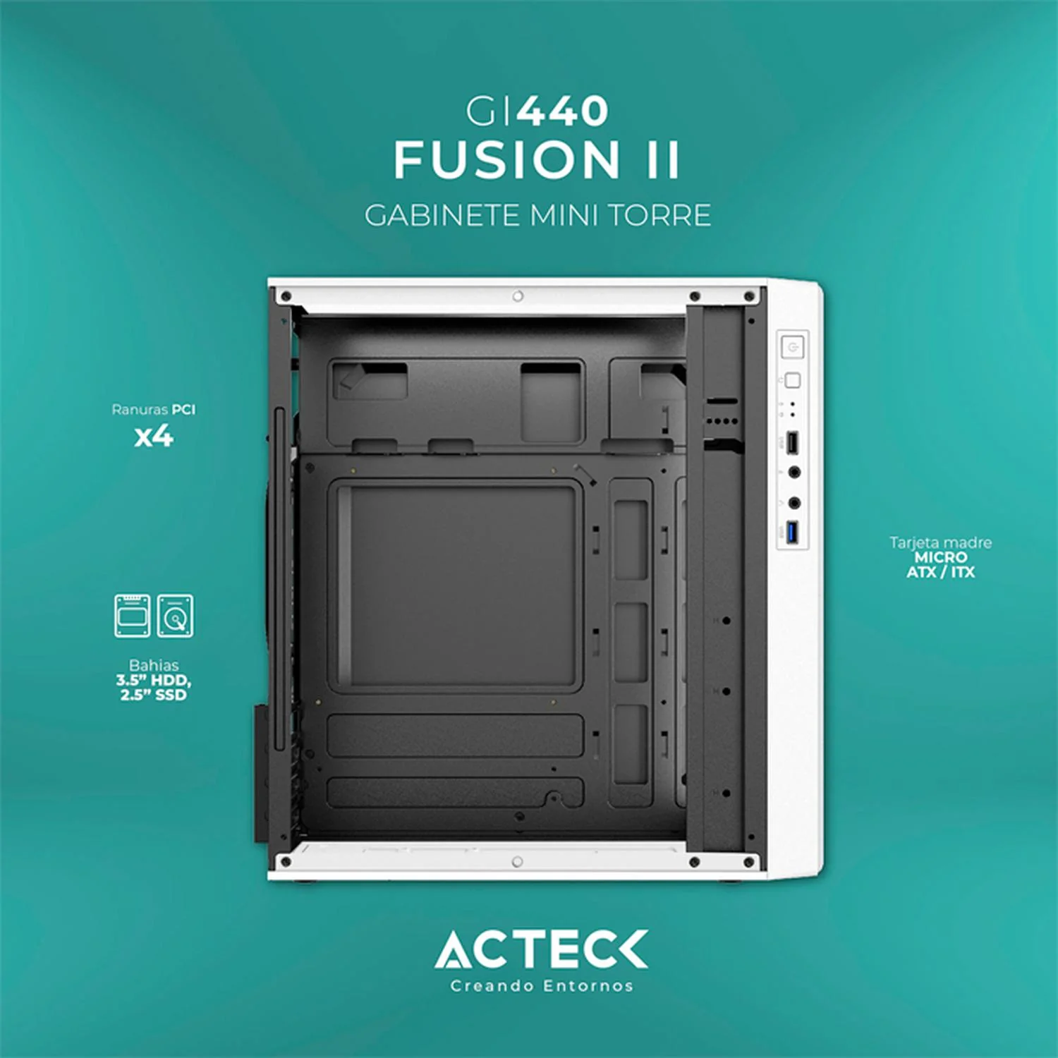Gabinete ACTECK FUSION II GI440 Micro ATX Mini Torre Fuente 500W Acrilico Blanco AC-935760 - Image 3