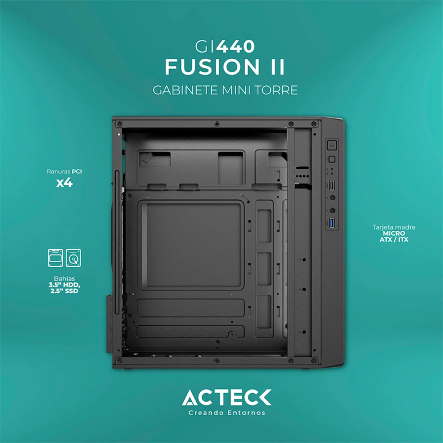Gabinete ACTECK FUSION II GI440 Micro ATX Mini Torre Fuente 500W Acrilico Negro AC-935753 - Image 3