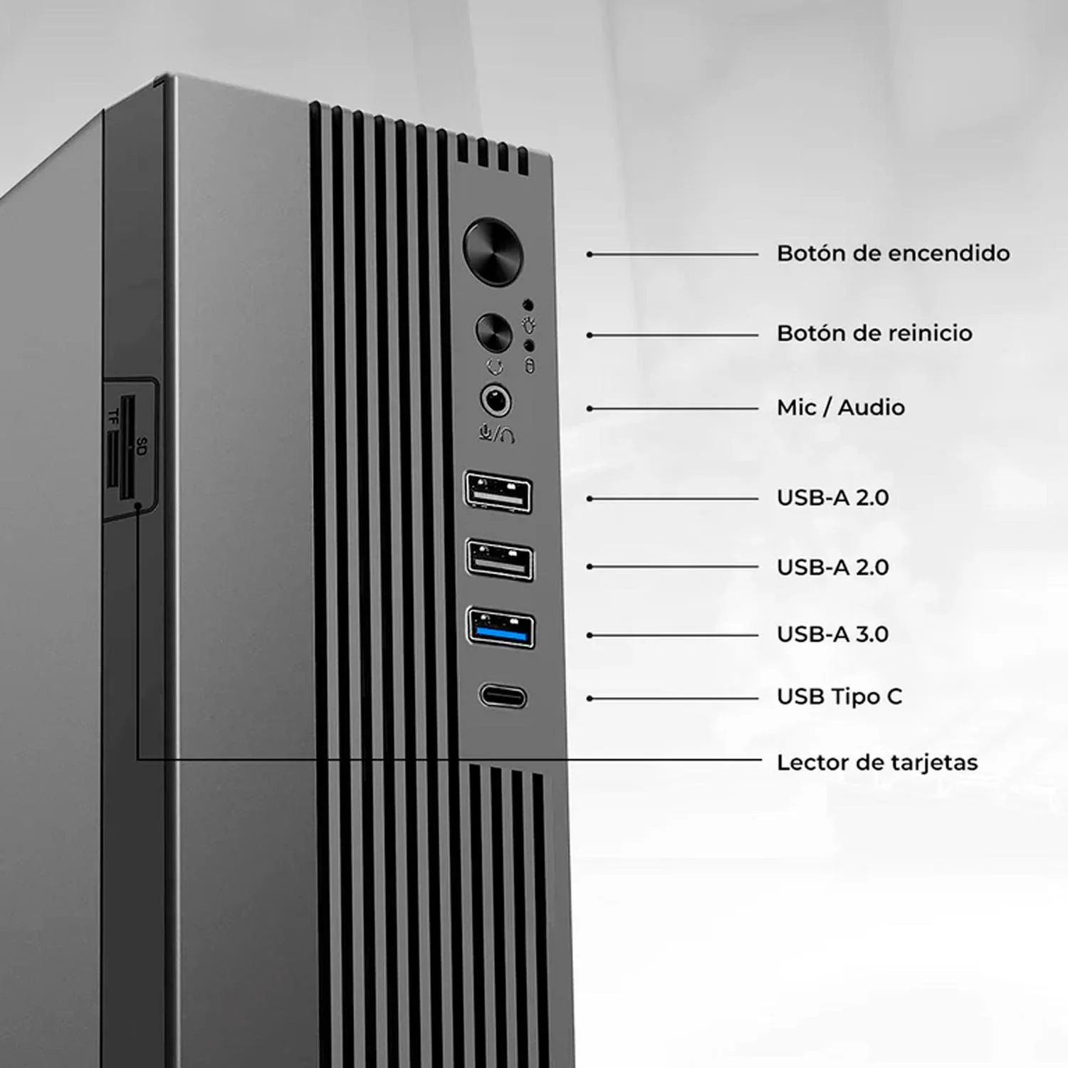 Gabinete ACTECK ONEX GS450 Micro ATX Mini Torre Slim 1 ventilador Fuente 400W USB-C Lector de Micro SD y SD AC-943086 - Image 2