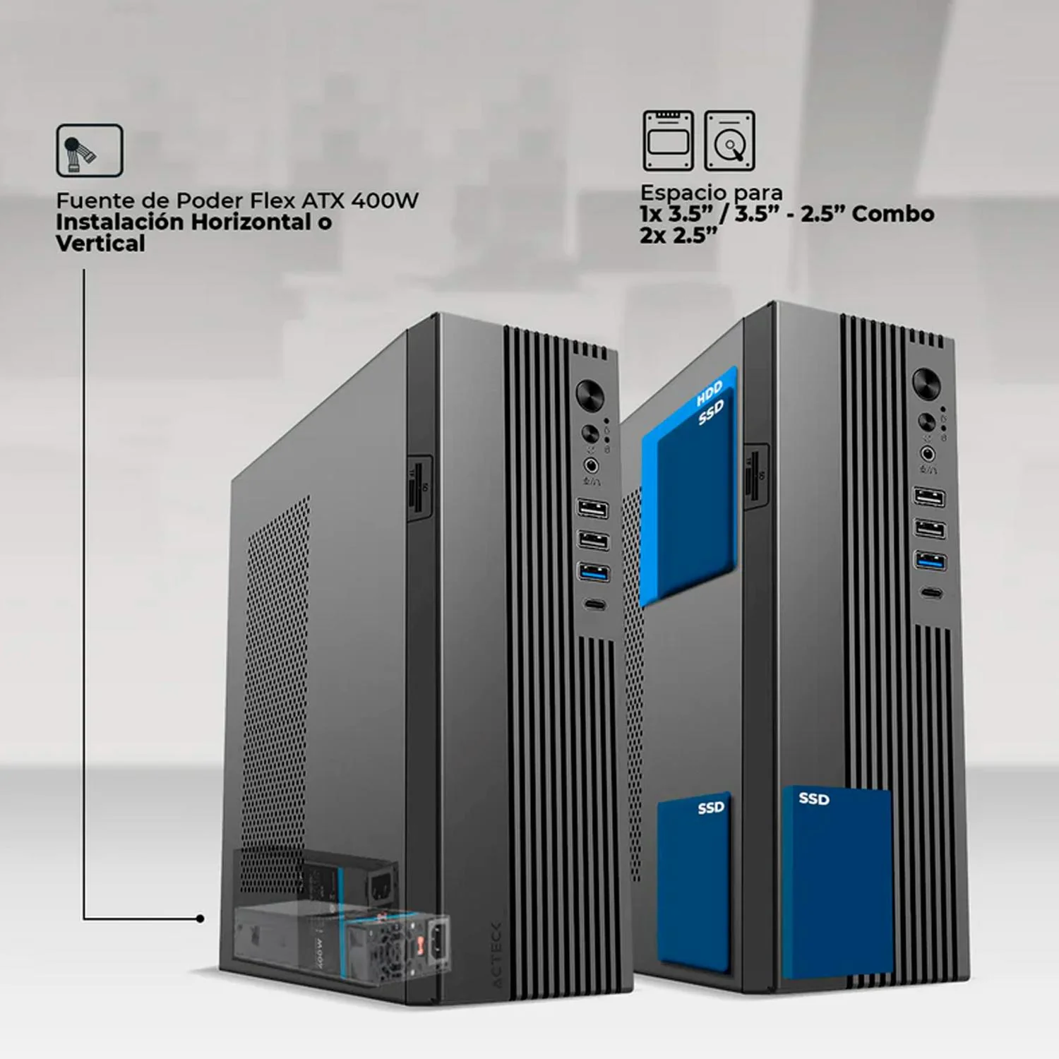 Gabinete ACTECK ONEX GS450 Micro ATX Mini Torre Slim 1 ventilador Fuente 400W USB-C Lector de Micro SD y SD AC-943086 - Image 3
