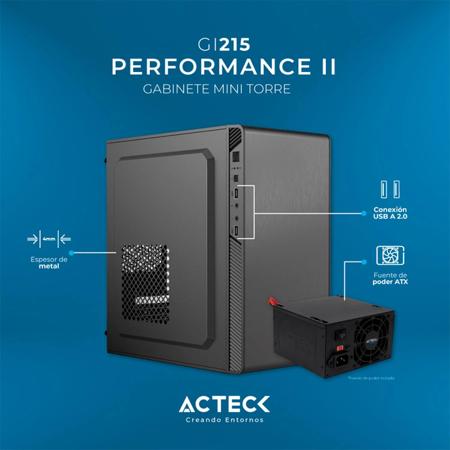 Gabinete ACTECK PERFORMANCE II GI215 Micro ATX Mini Torre Fuente 500W Metal Negro AC-935777 - Image 2