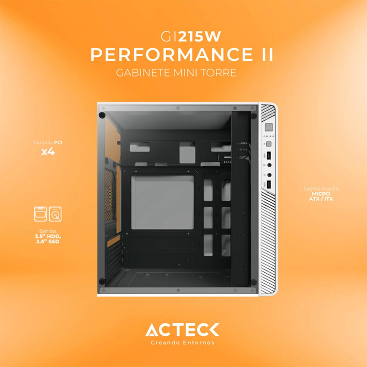 Gabinete ACTECK PERFORMANCE II GI215W Micro ATX Mini Torre Fuente 500W Acrilico Blanco AC-935852 - Image 3