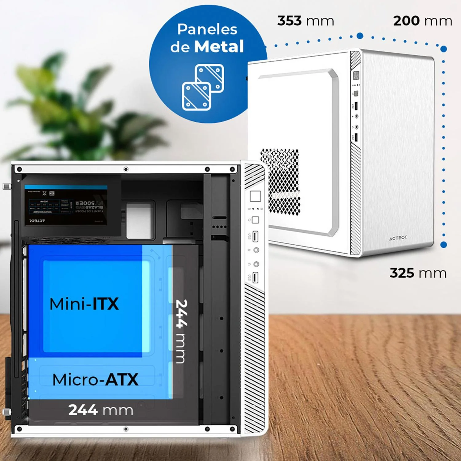 Gabinete ACTECK PERFORMANCE II Mircro ATX Mini Torre Fuente 500w Panel Metalico USB Blanco AC-940047 - Image 4