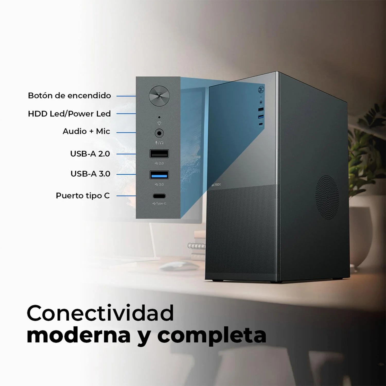 Gabinete ACTECK REX MAX GM757 ATX Media Torre Metal Panel Ranurado USB-C Negro AC-943994 - Image 2