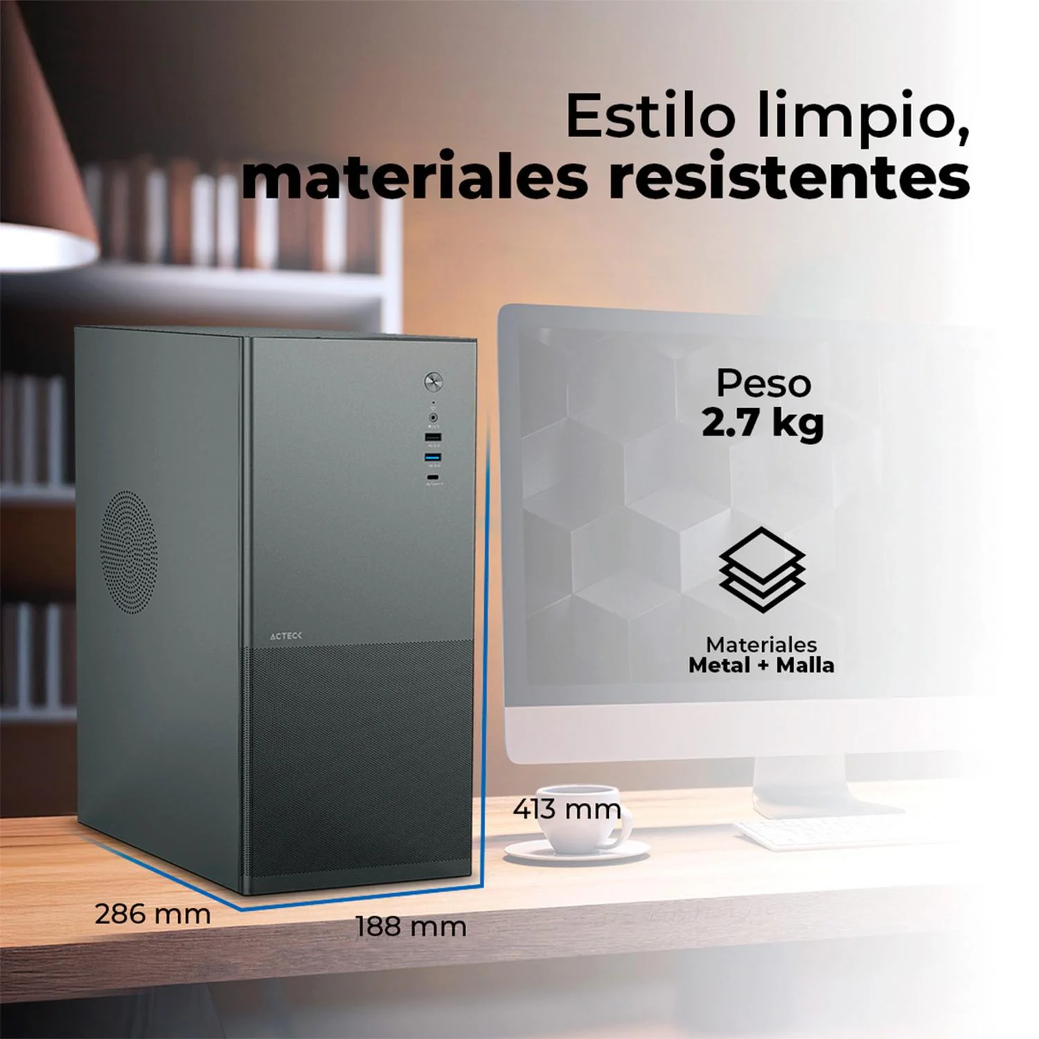 Gabinete ACTECK REX MAX GM757 ATX Media Torre Metal Panel Ranurado USB-C Negro AC-943994 - Image 4