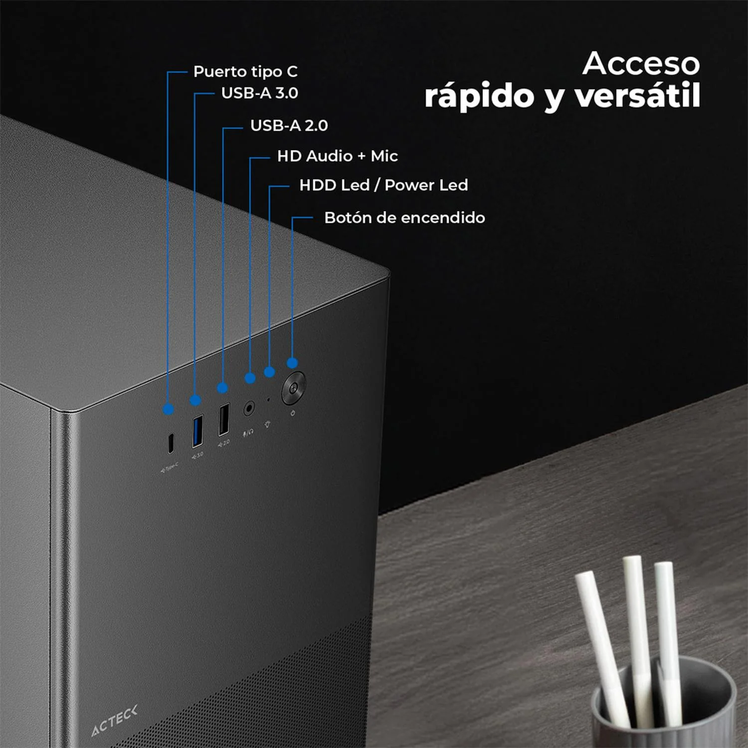 Gabinete ACTECK REX PRO GI757 Micro ATX Mini Torre Metal Panel Ranurado USB-C Negro AC-944007 - Image 2