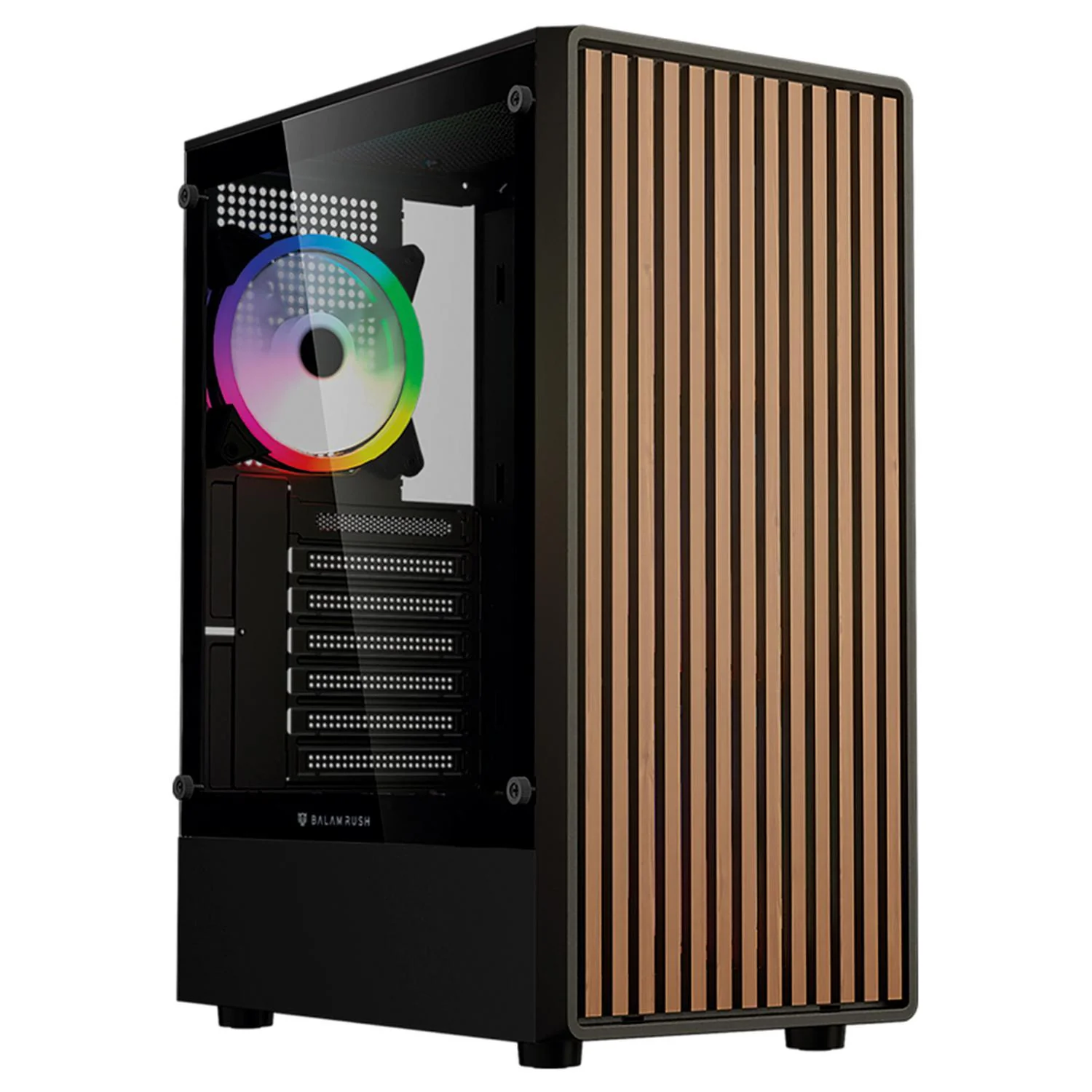 Gabinete Gamer BALAM RUSH DRAGONFLY WOOD GM580 ATX Media Torre 4 Fan ARGB Cristal templado Frente Tipo Madera Negro BR-943949