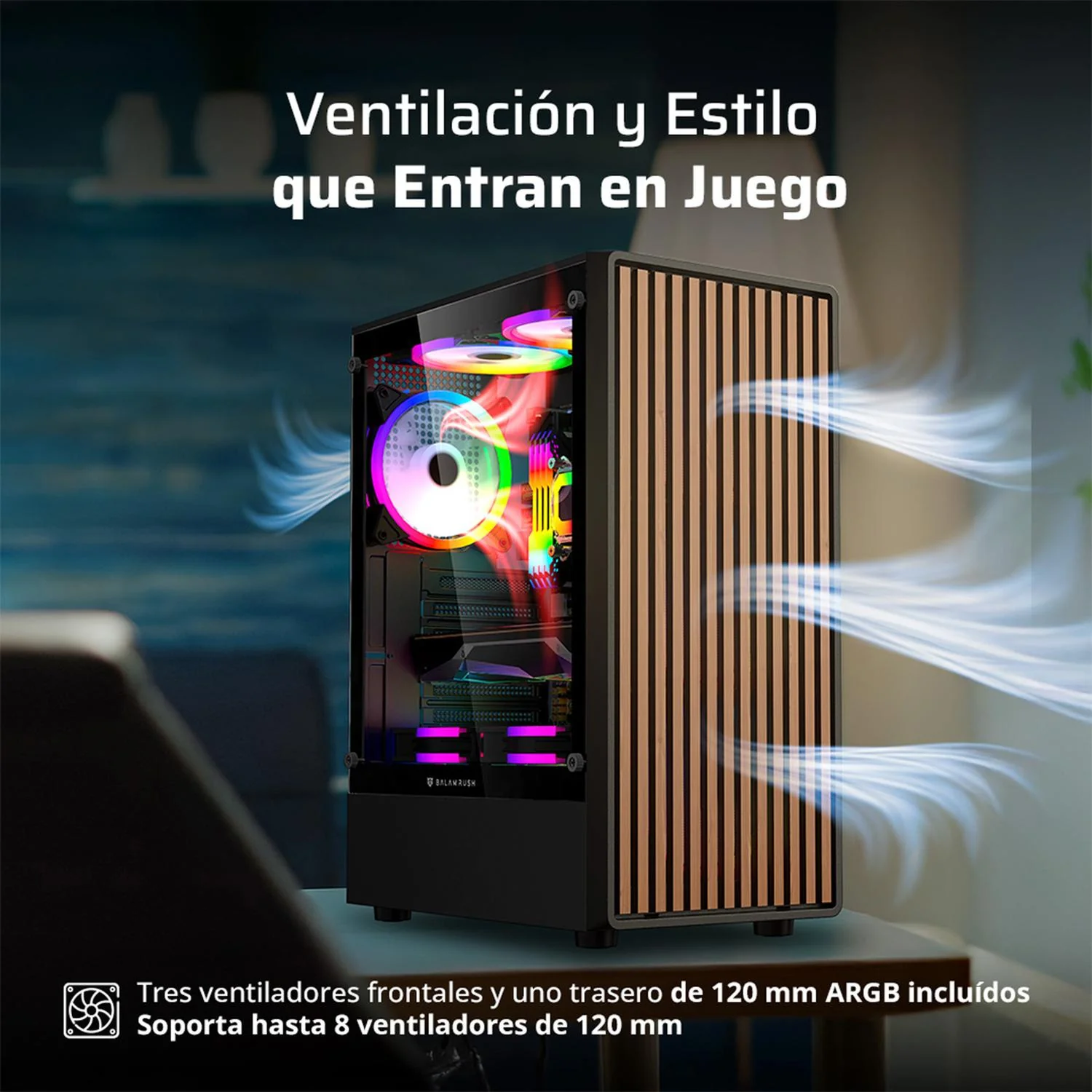 Gabinete Gamer BALAM RUSH DRAGONFLY WOOD GM580 ATX Media Torre 4 Fan ARGB Cristal templado Frente Tipo Madera Negro BR-943949 - Image 5