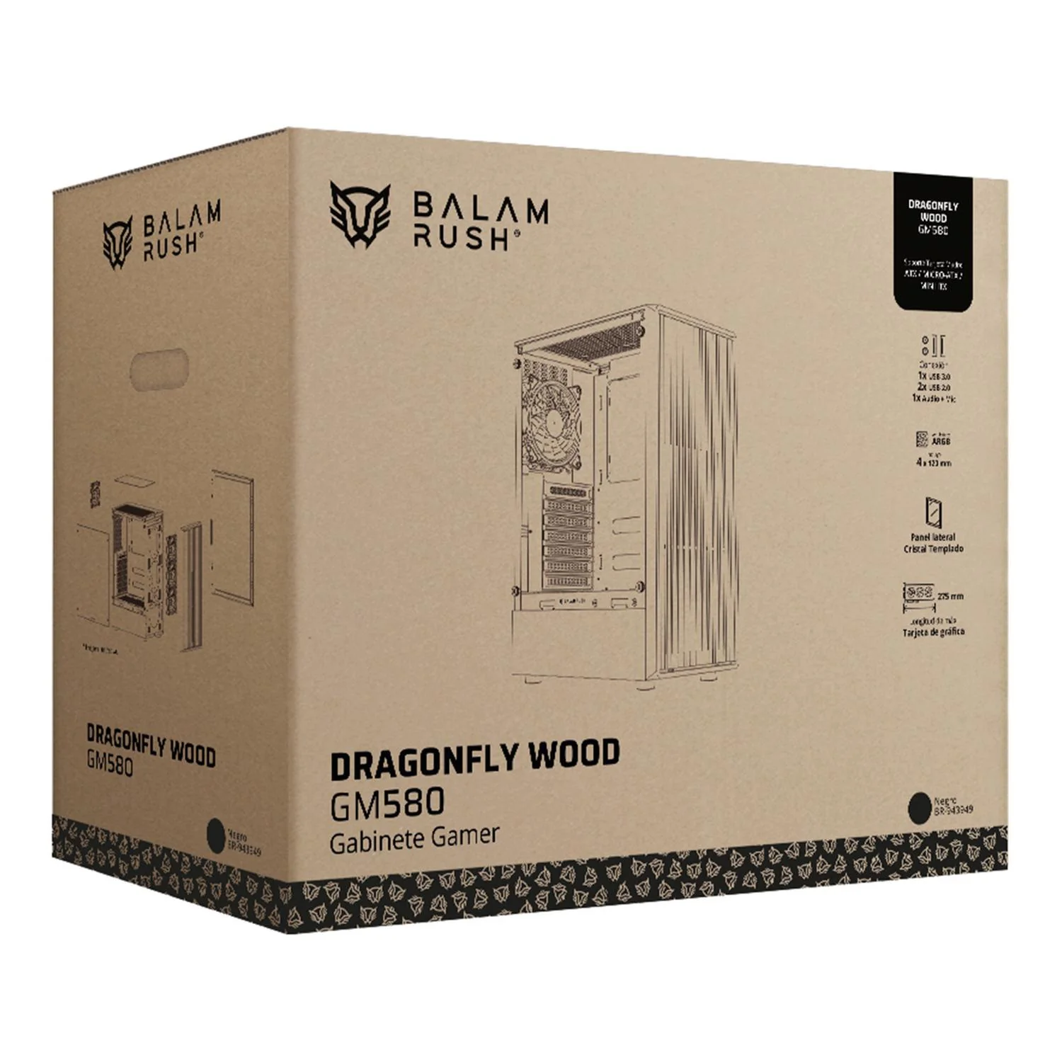Gabinete Gamer BALAM RUSH DRAGONFLY WOOD GM580 ATX Media Torre 4 Fan ARGB Cristal templado Frente Tipo Madera Negro BR-943949 - Image 6