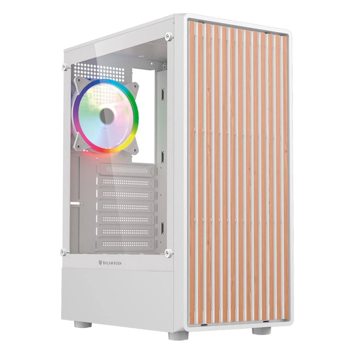 Gabinete Gamer BALAM RUSH DRAGONFLY WOOD GM580 ATX Media Torre 4 Fan ARGB Cristal templado Frente Tipo Madera Blanco BR-943970