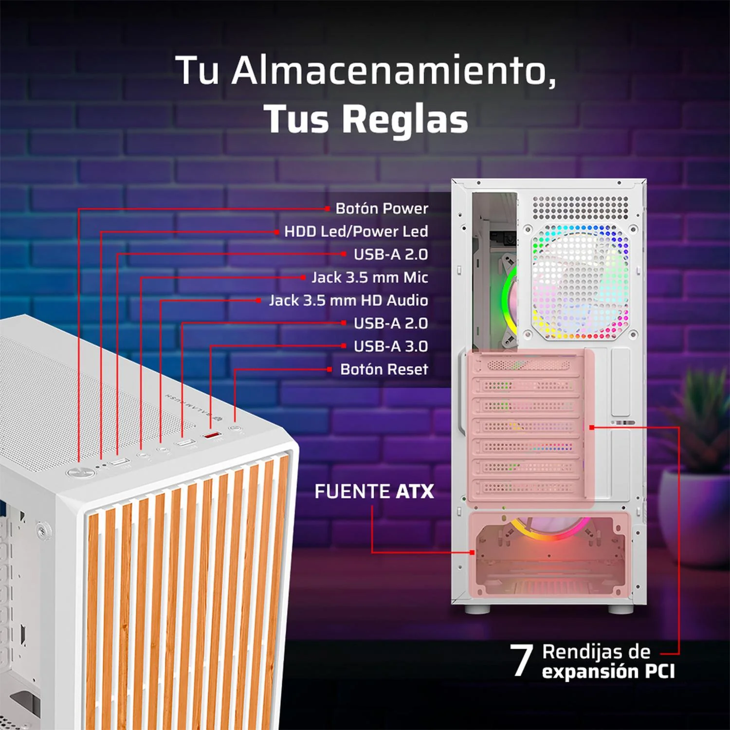 Gabinete Gamer BALAM RUSH DRAGONFLY WOOD GM580 ATX Media Torre 4 Fan ARGB Cristal templado Frente Tipo Madera Blanco BR-943970 - Image 4