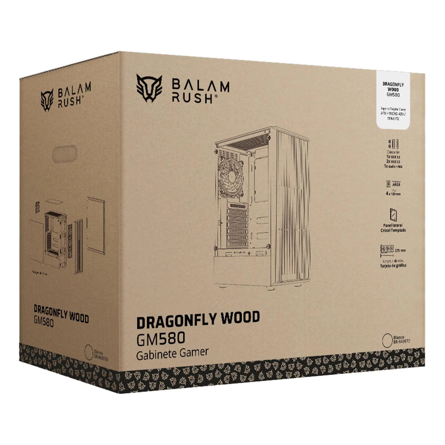 Gabinete Gamer BALAM RUSH DRAGONFLY WOOD GM580 ATX Media Torre 4 Fan ARGB Cristal templado Frente Tipo Madera Blanco BR-943970 - Image 6