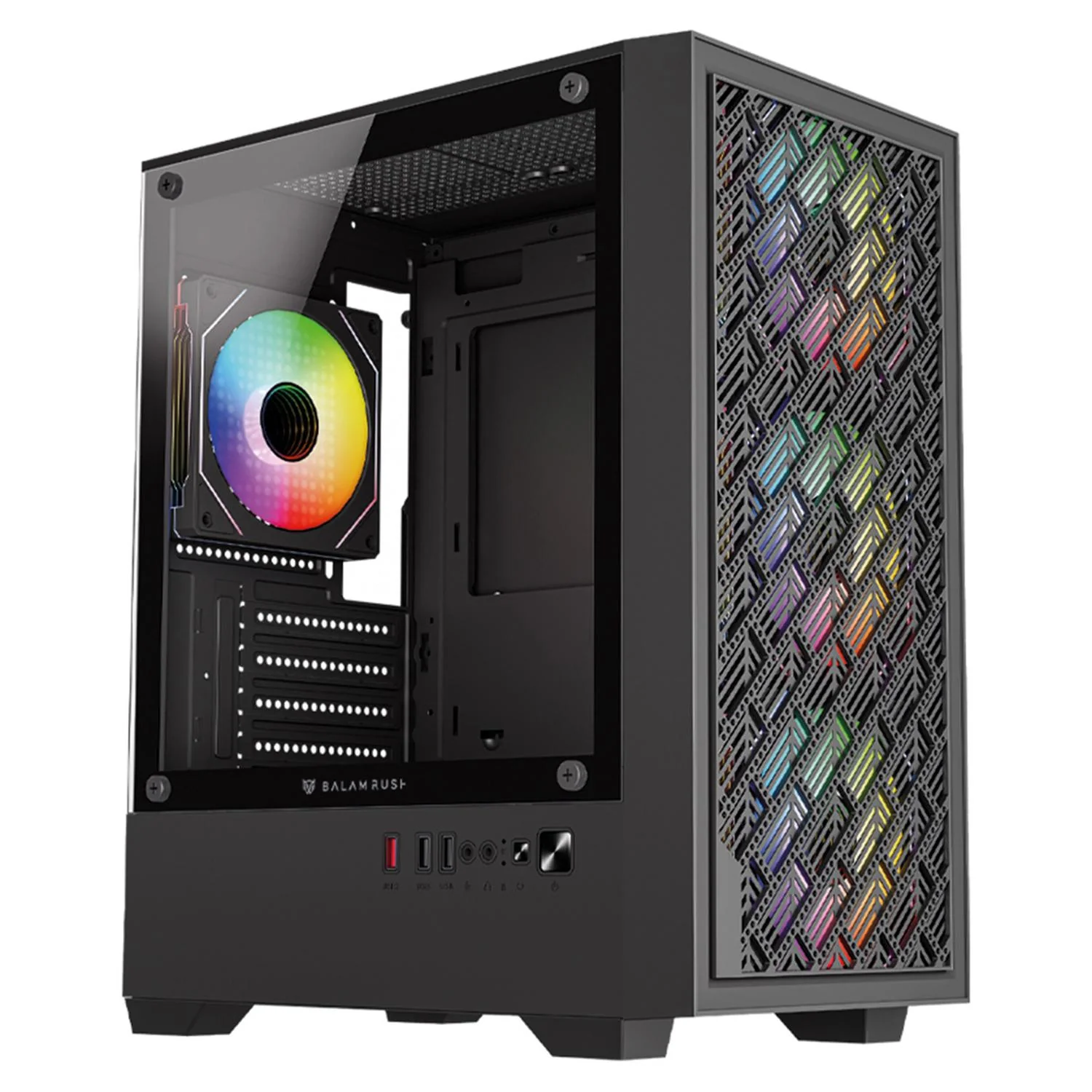 Gabinete Gamer BALAM RUSH NITROX EDGE AIRCOOL 4700A Micro ATX Mini Torre 4 Fan ARGB Cristal templado Frente Mesh Negro BR-943901