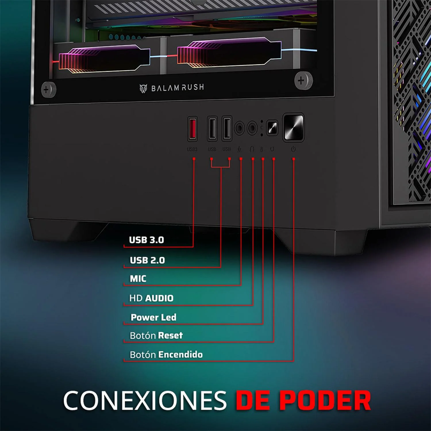 Gabinete Gamer BALAM RUSH NITROX EDGE AIRCOOL 4700A Micro ATX Mini Torre 4 Fan ARGB Cristal templado Frente Mesh Negro BR-943901 - Image 4