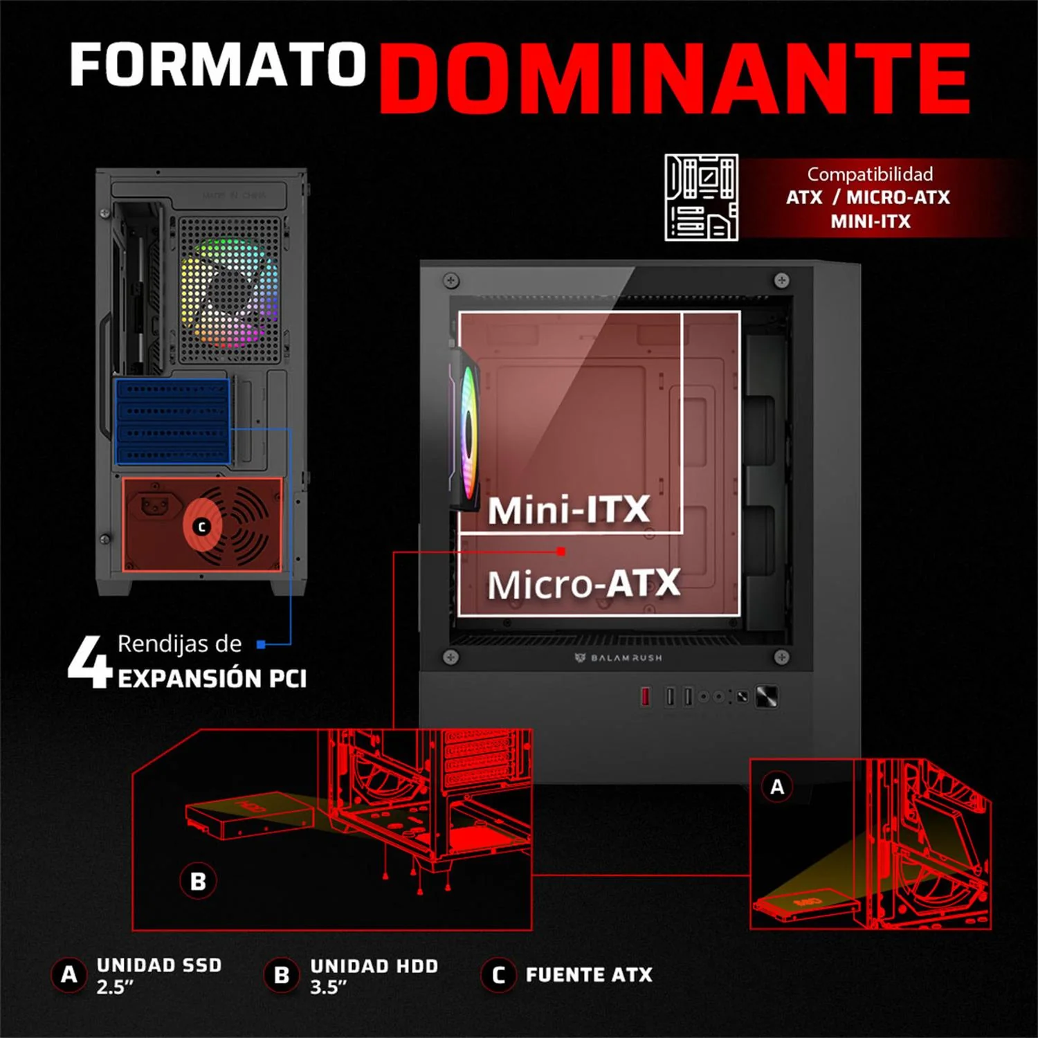 Gabinete Gamer BALAM RUSH NITROX EDGE AIRCOOL 4700A Micro ATX Mini Torre 4 Fan ARGB Cristal templado Frente Mesh Negro BR-943901 - Image 5